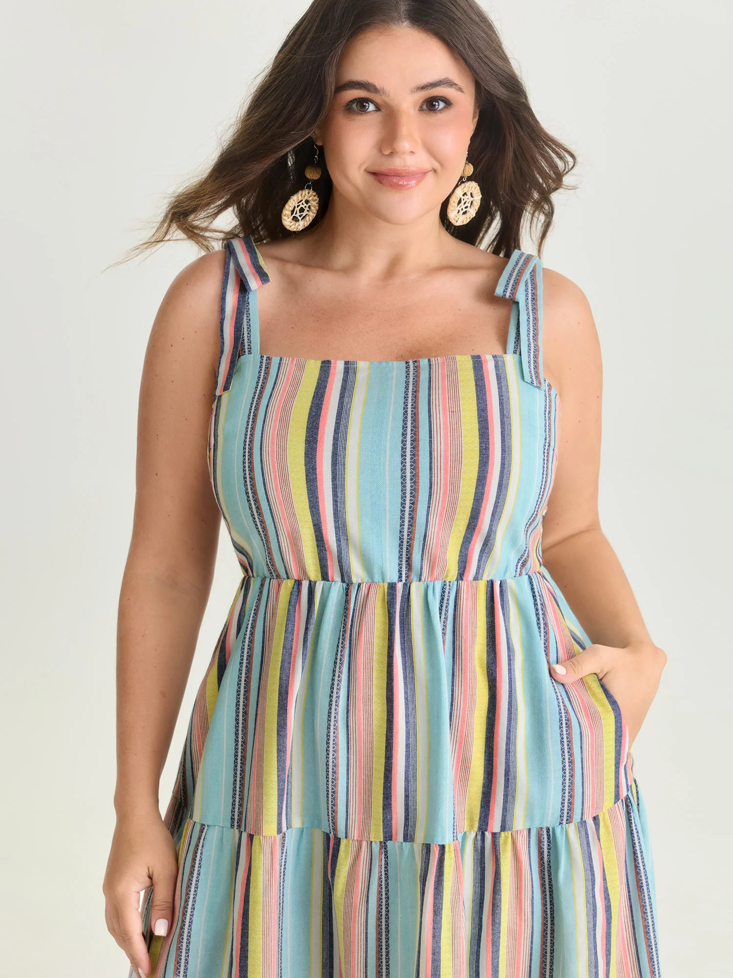 Multi-Color Striped Print Shoulder-Tie Midi Dress - Image 2