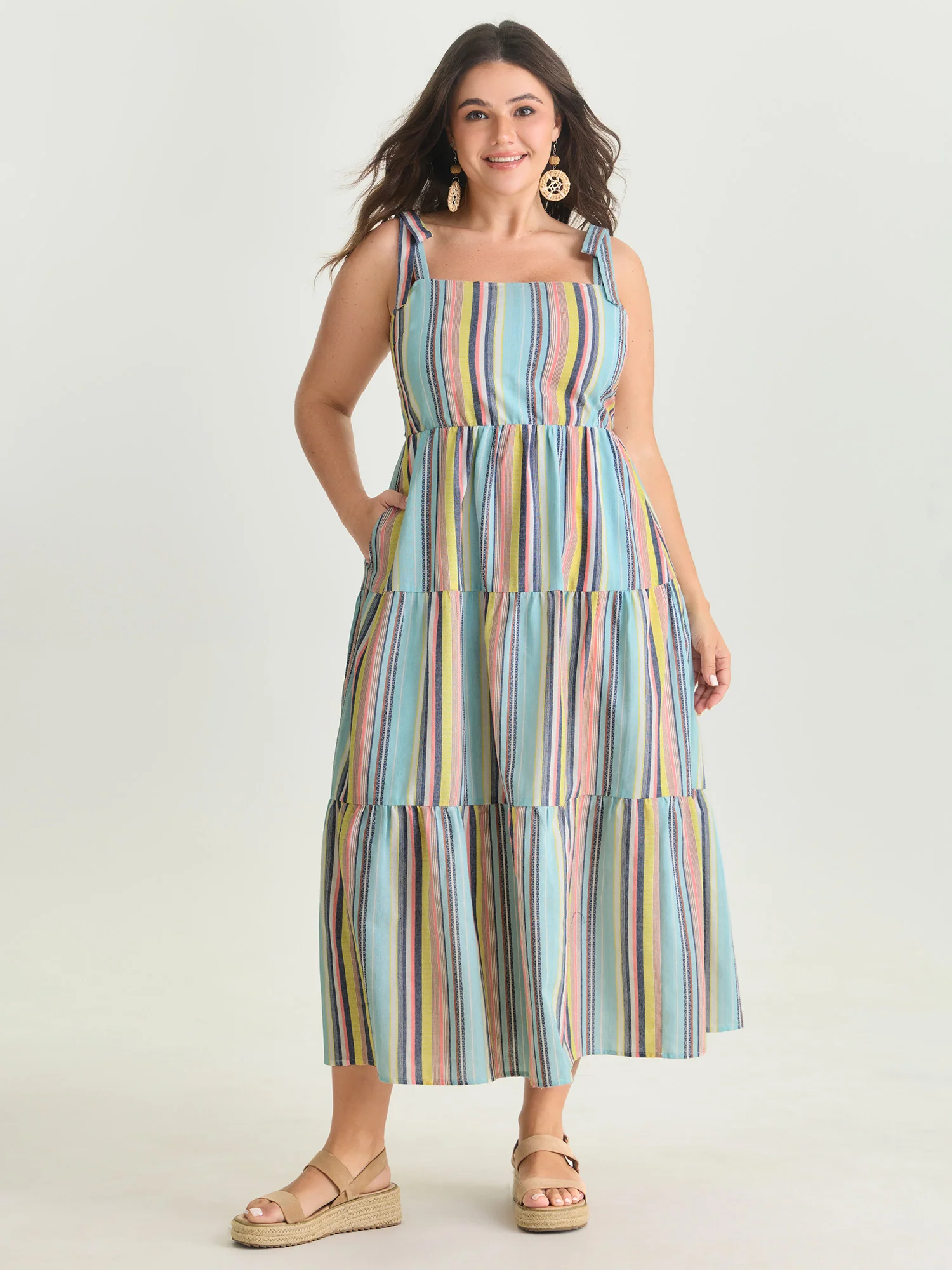 Multi-Color Striped Print Shoulder-Tie Midi Dress - Image 3