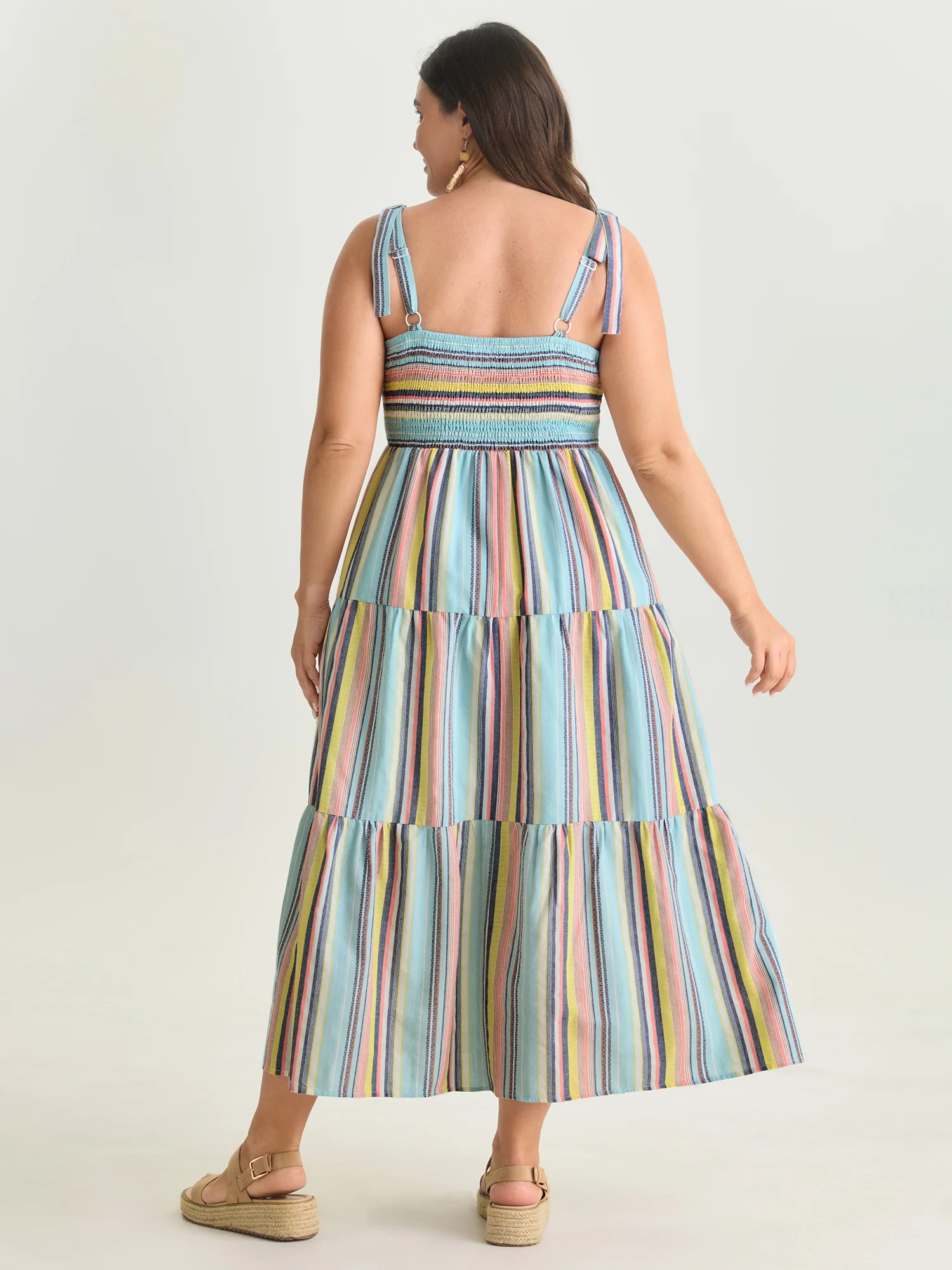 Multi-Color Striped Print Shoulder-Tie Midi Dress - Image 4