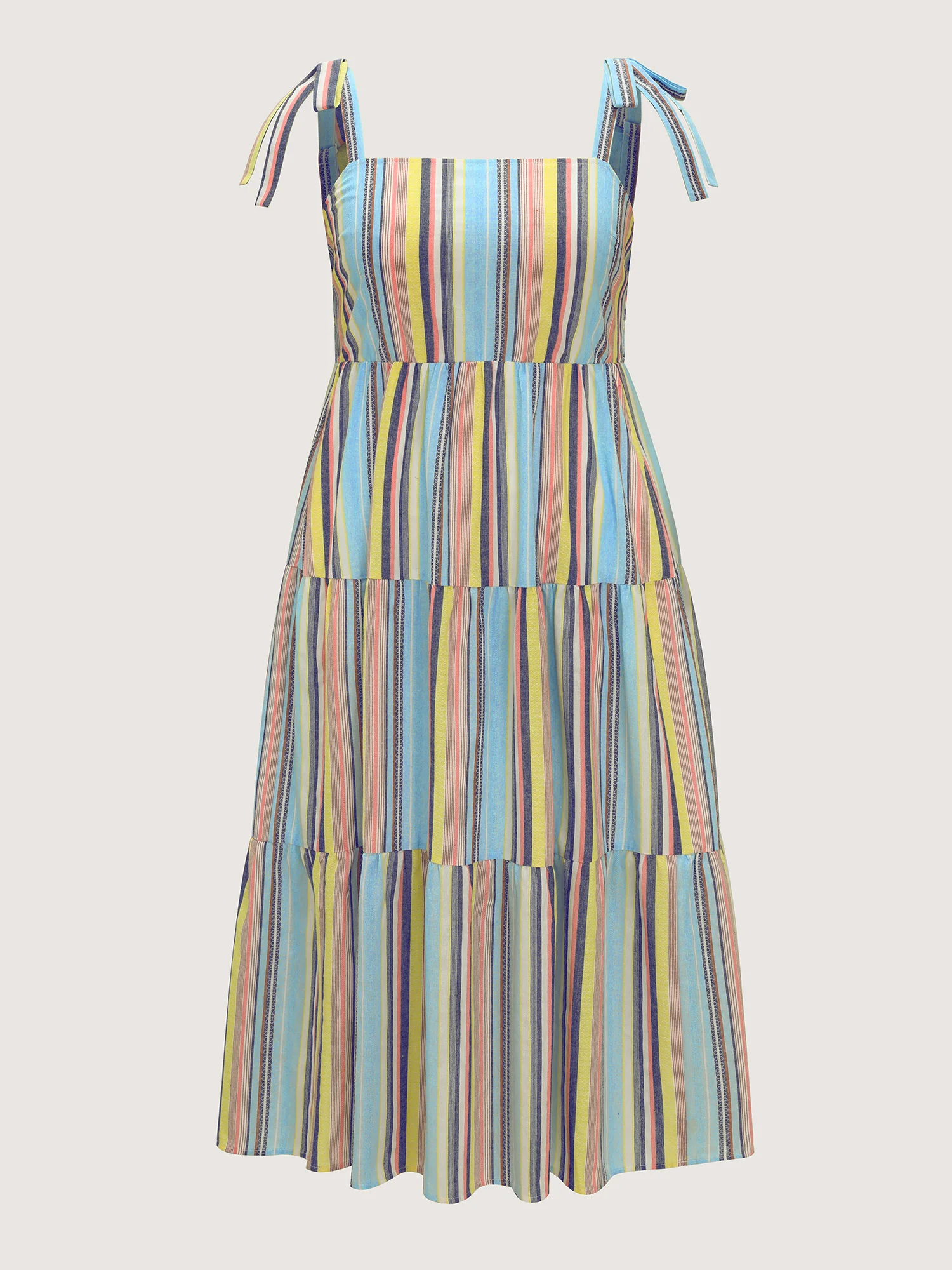 Multi-Color Striped Print Shoulder-Tie Midi Dress - Image 7