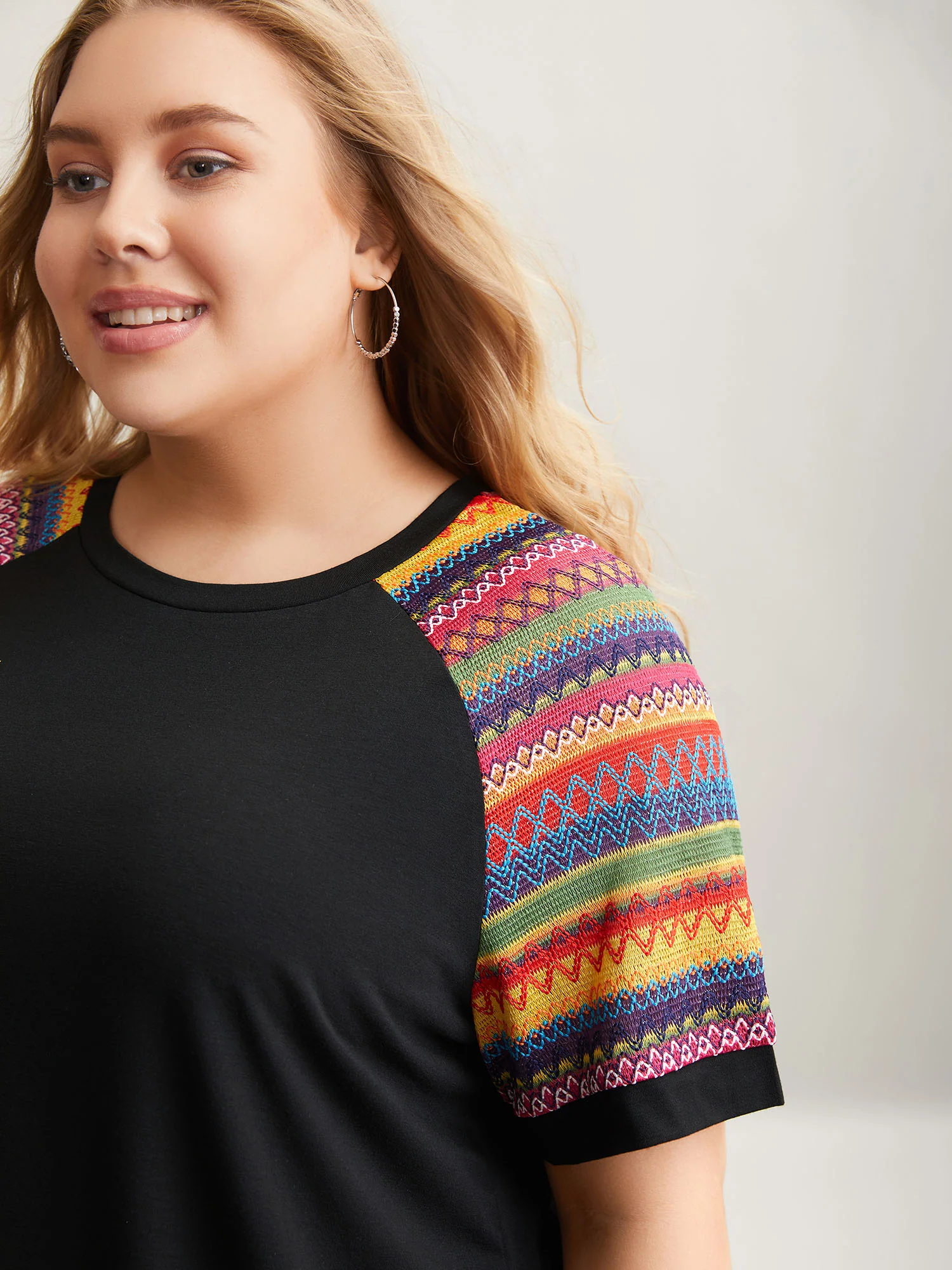 Multi-Color Striped Sleeve Spliced T-Shirt - Image 2