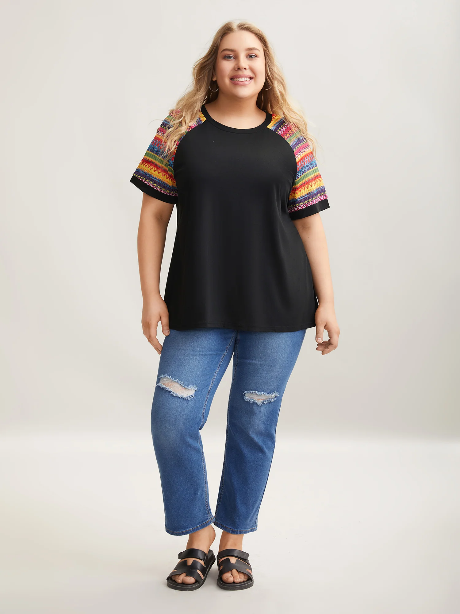 Multi-Color Striped Sleeve Spliced T-Shirt - Image 4