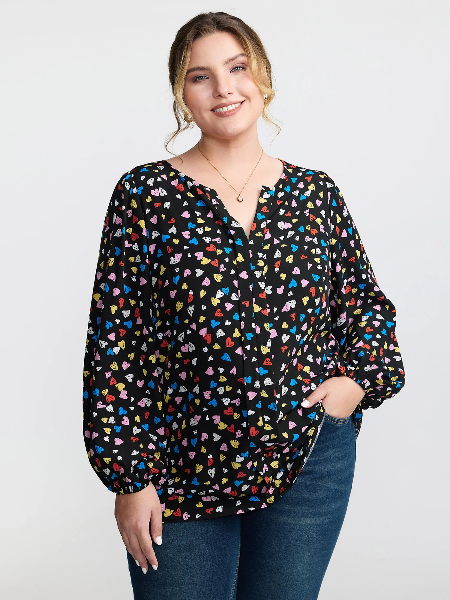 Multicolor Hearts Print Notched Collar Blouse - Image 2