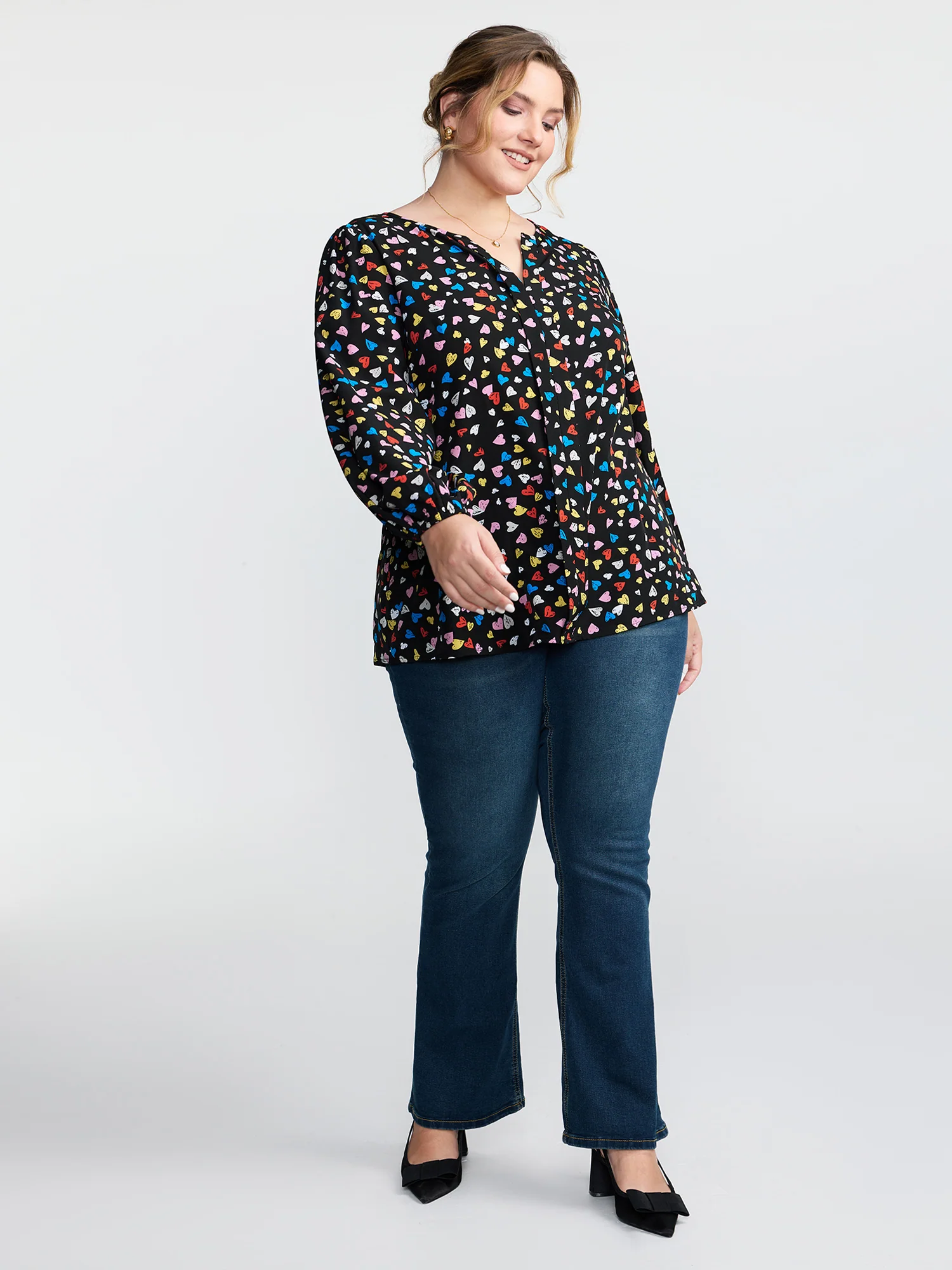 Multicolor Hearts Print Notched Collar Blouse - Image 3