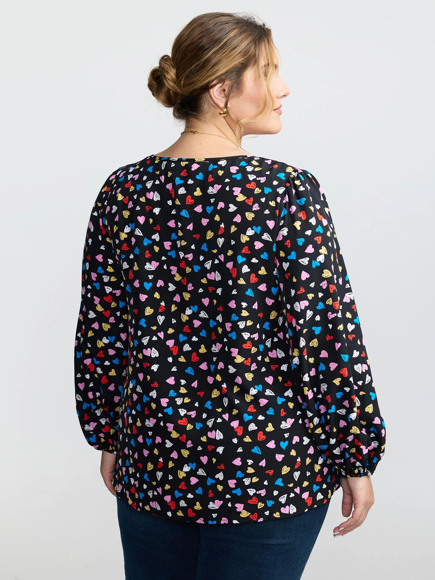 Multicolor Hearts Print Notched Collar Blouse - Image 4