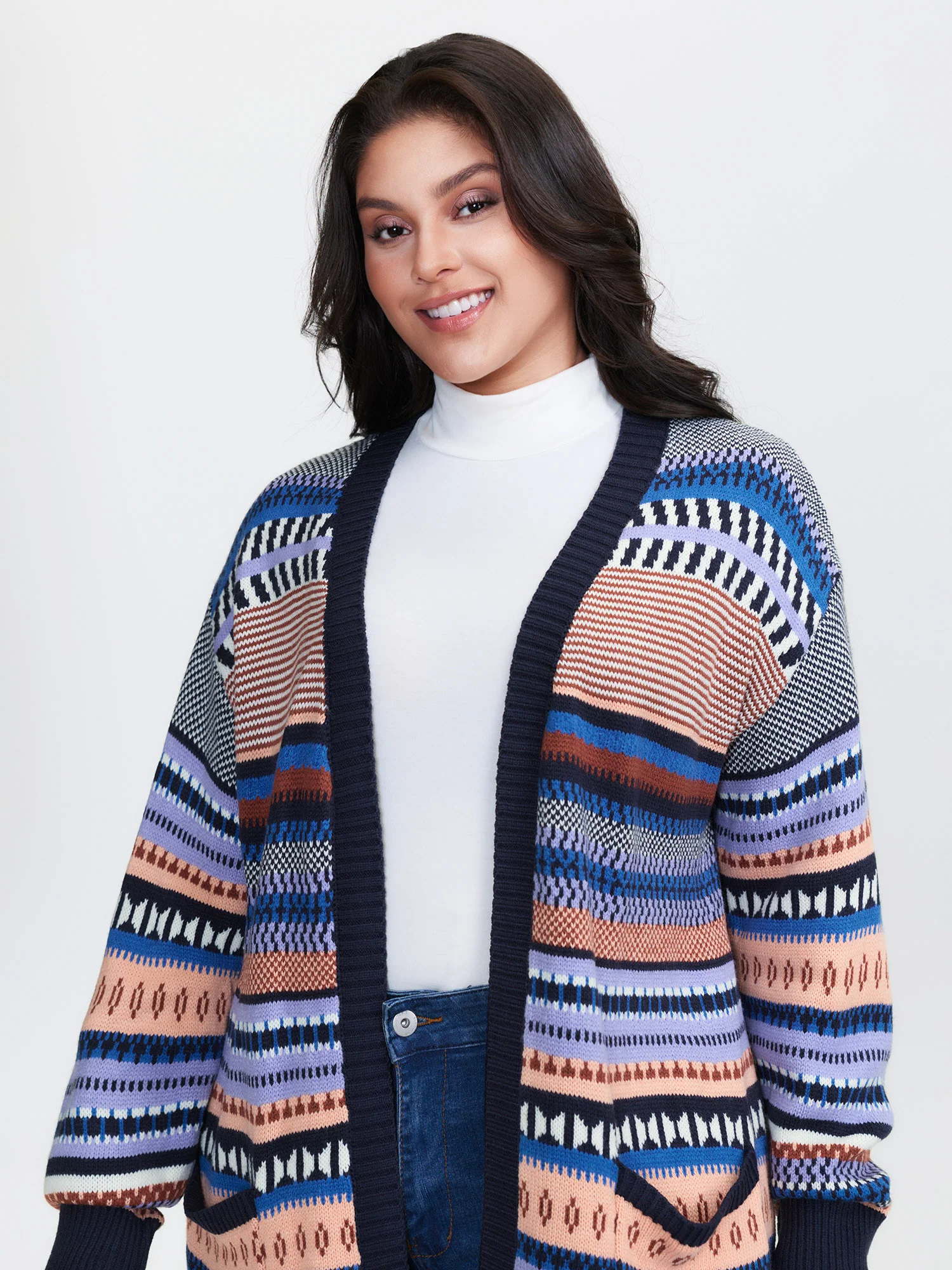 Multicolor Stripe Jacquard Pockets Knit Cardigan - Image 2