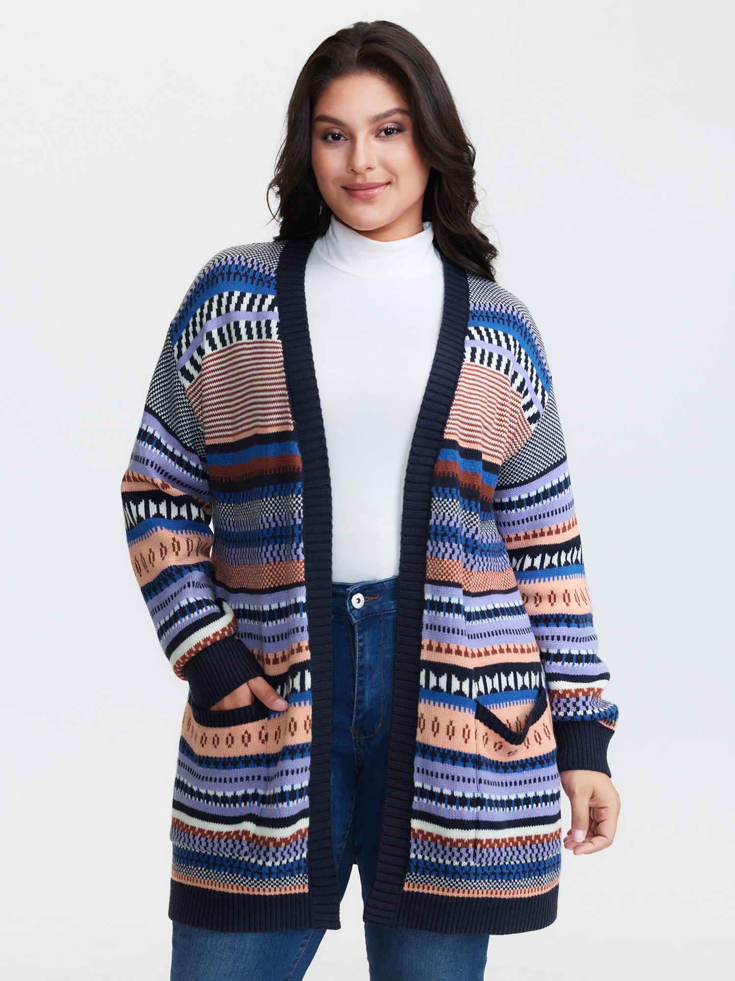 Multicolor Stripe Jacquard Pockets Knit Cardigan - Image 3