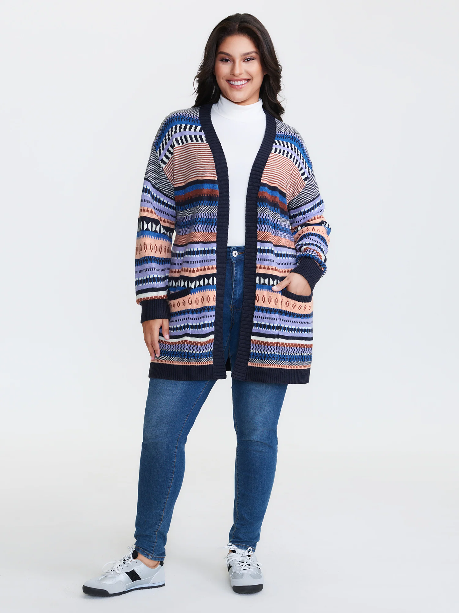Multicolor Stripe Jacquard Pockets Knit Cardigan - Image 4