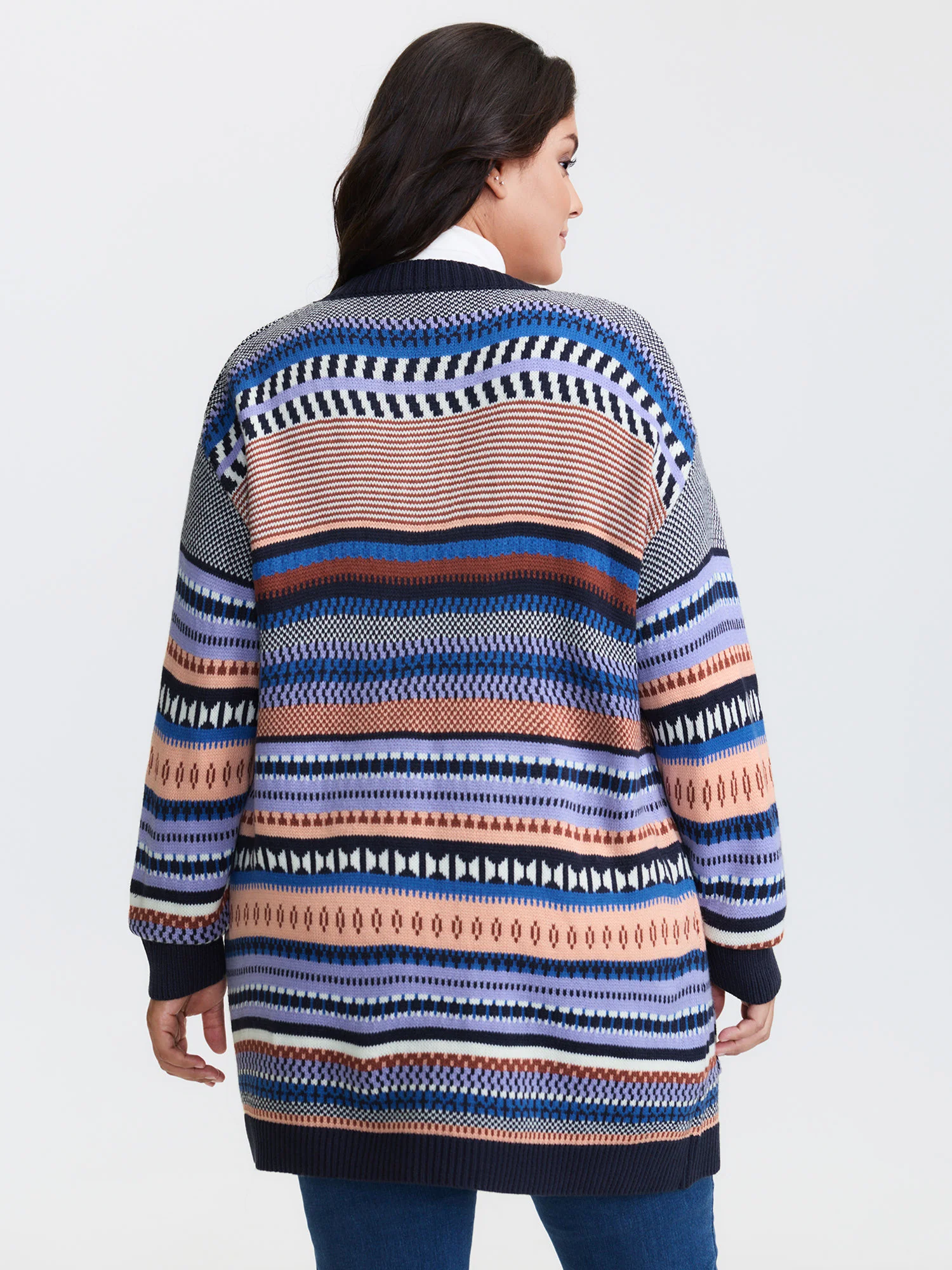 Multicolor Stripe Jacquard Pockets Knit Cardigan - Image 6