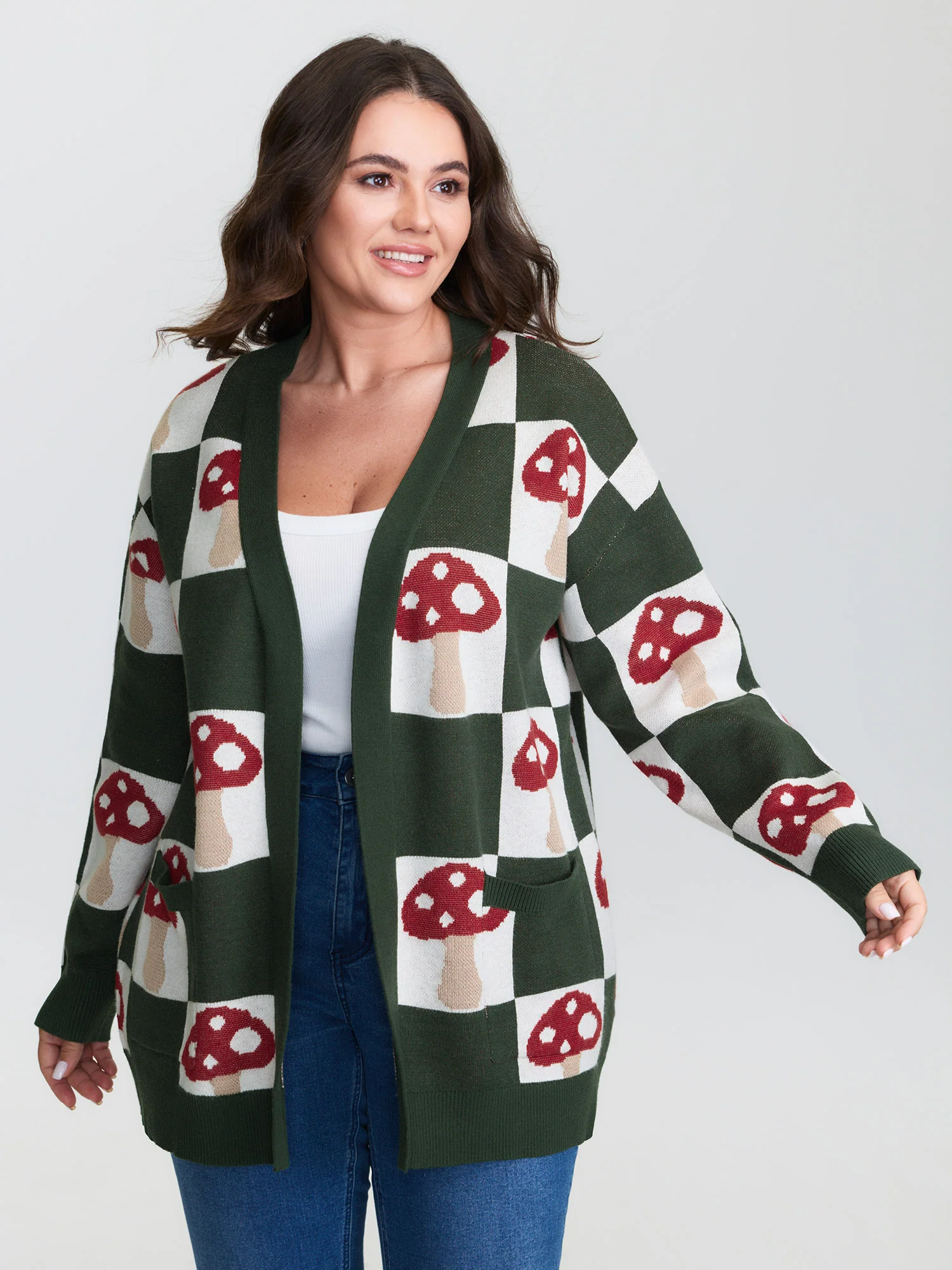 Mushroom Checkered Jacquard Knit Cardigan - Image 2