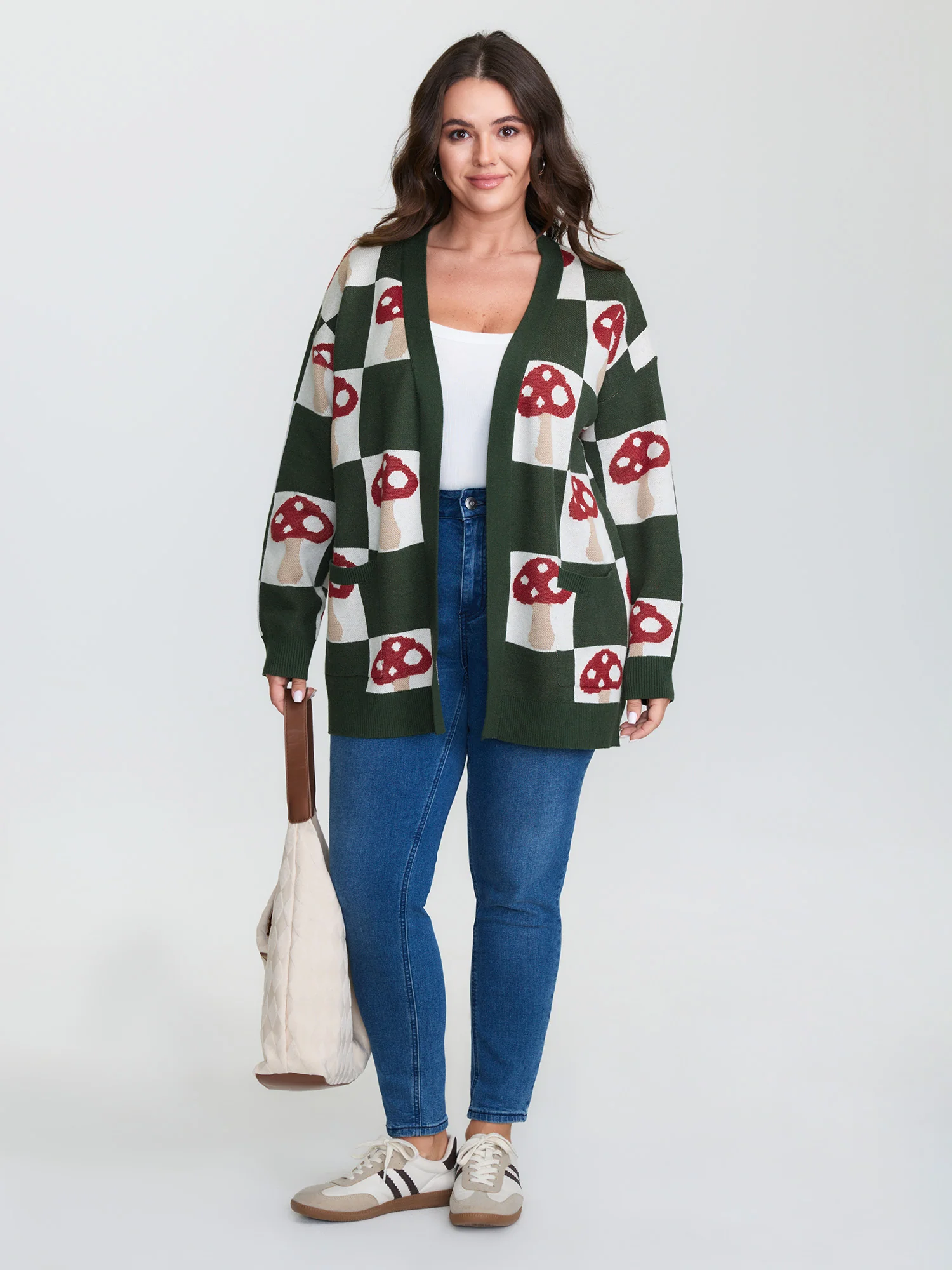 Mushroom Checkered Jacquard Knit Cardigan - Image 3