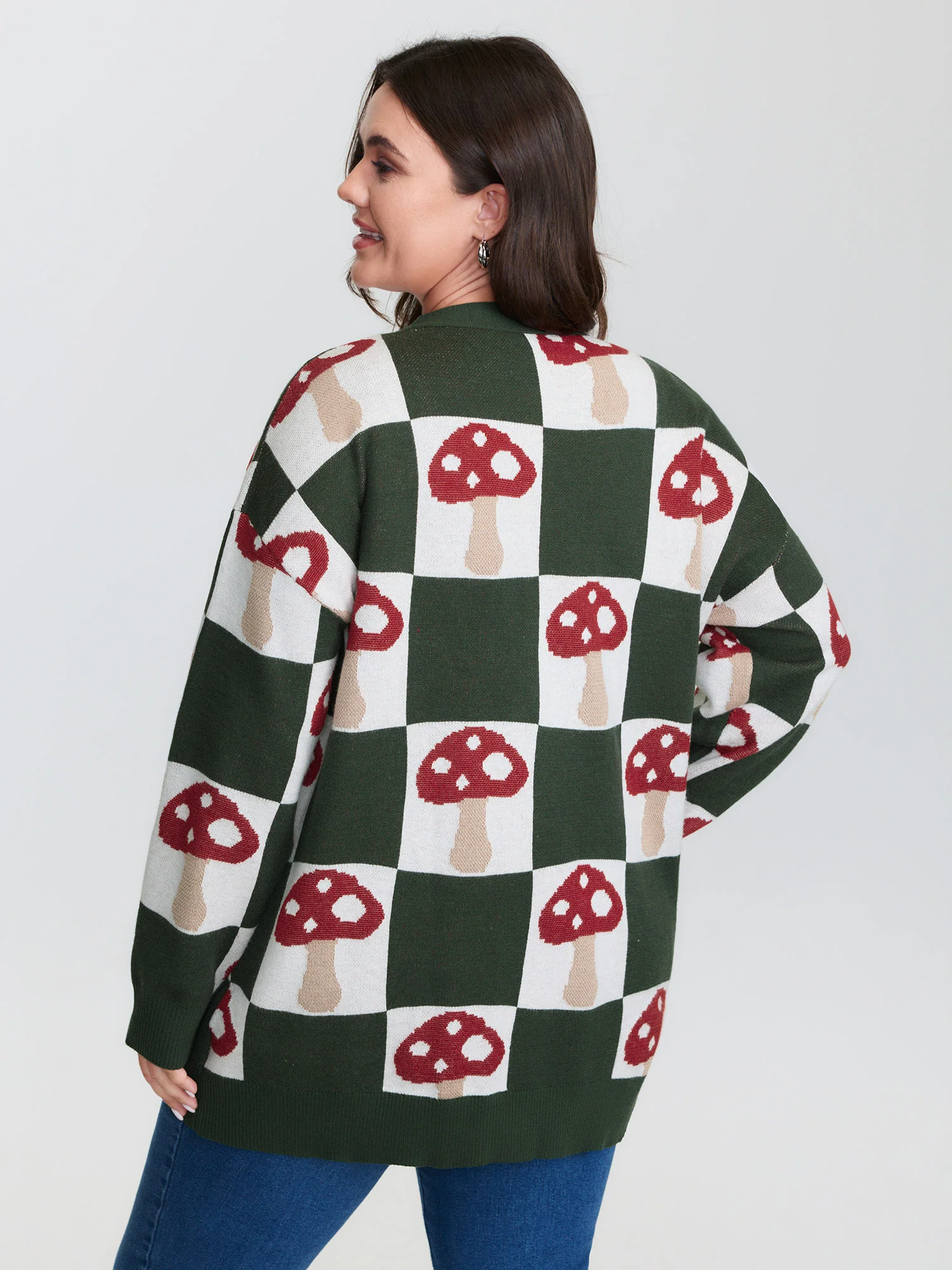 Mushroom Checkered Jacquard Knit Cardigan - Image 4