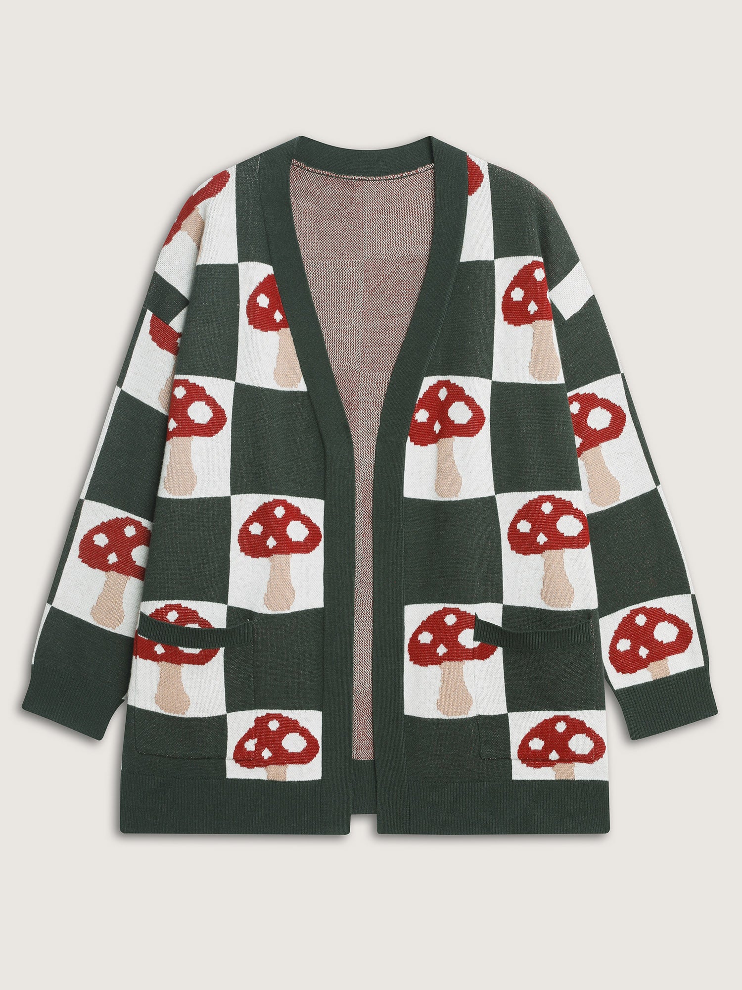 Mushroom Checkered Jacquard Knit Cardigan - Image 8