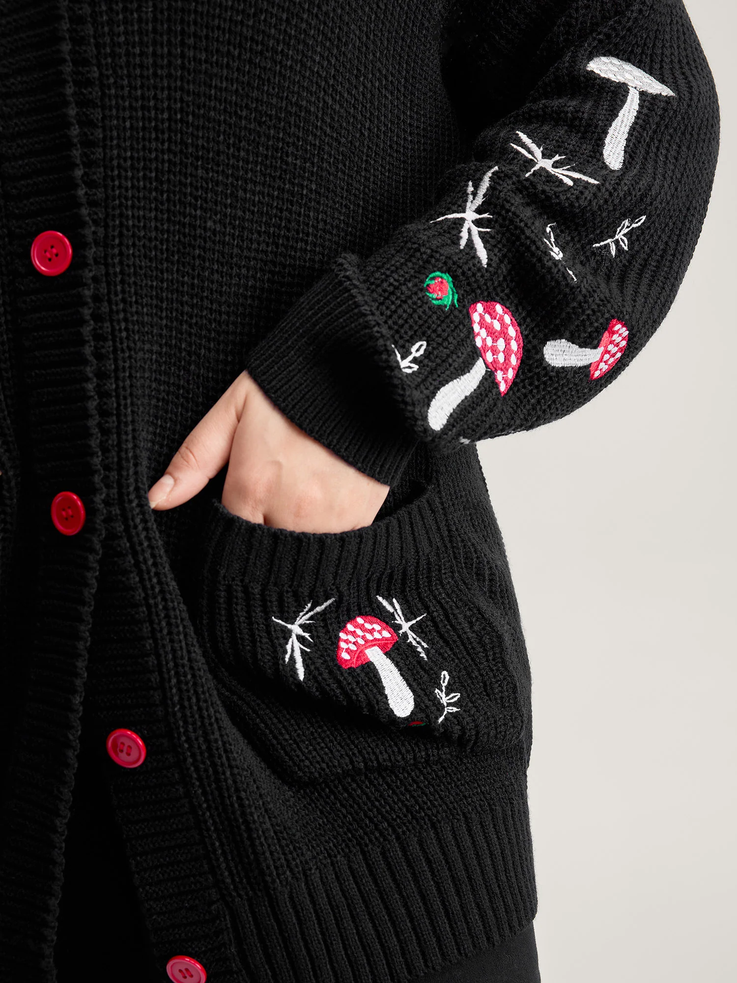 Mushroom Embroidery Textured Button Cardigan - Image 4