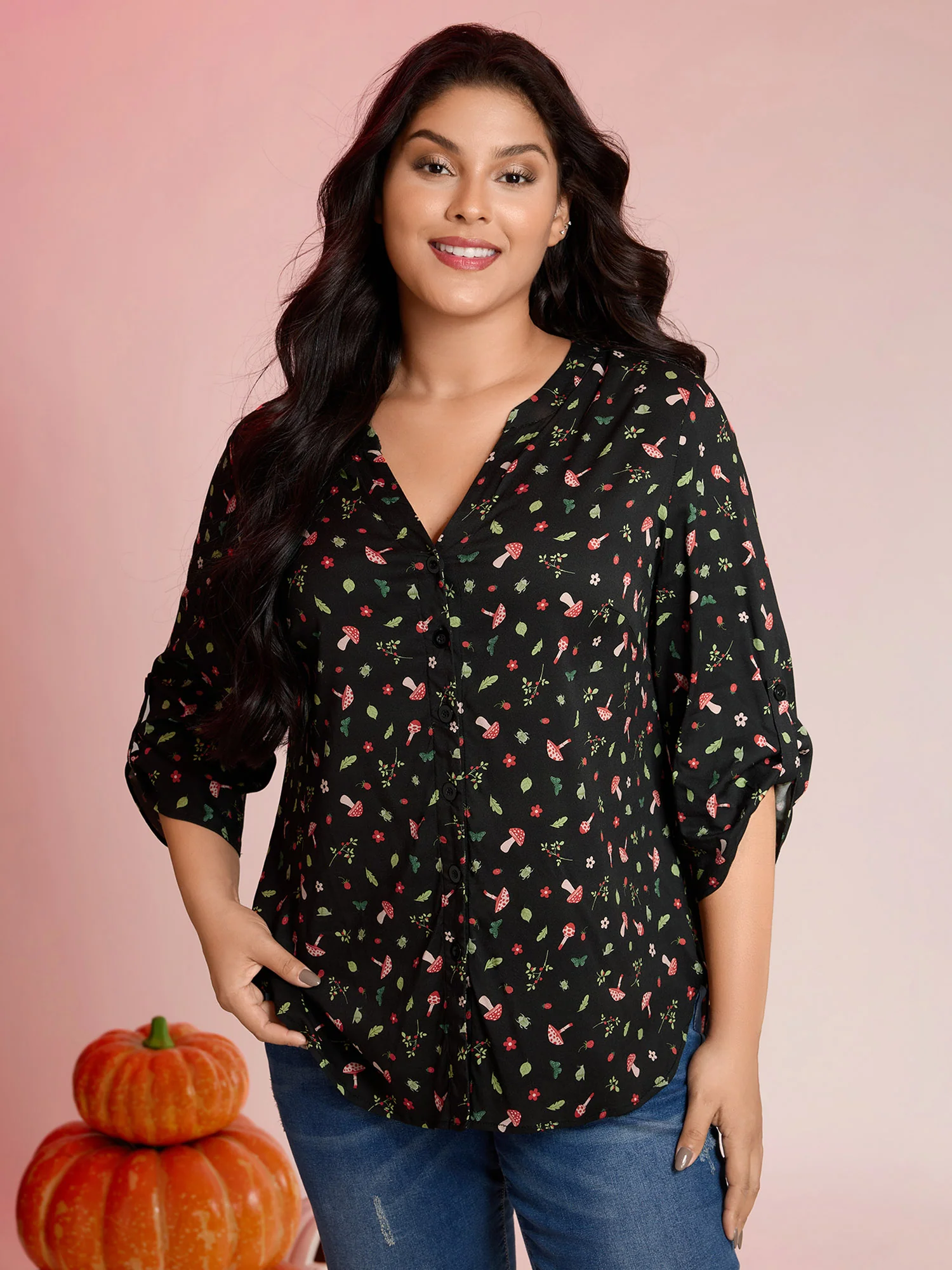 Mushroom Print Adjustable Sleeve Placket Blouse - Image 2