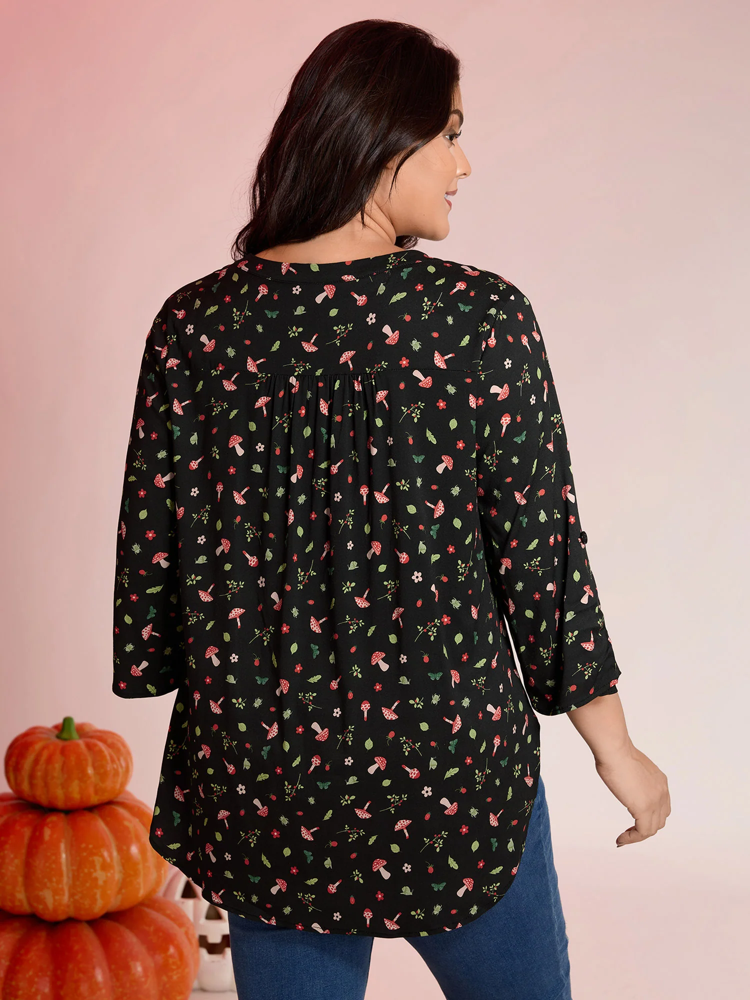 Mushroom Print Adjustable Sleeve Placket Blouse - Image 4