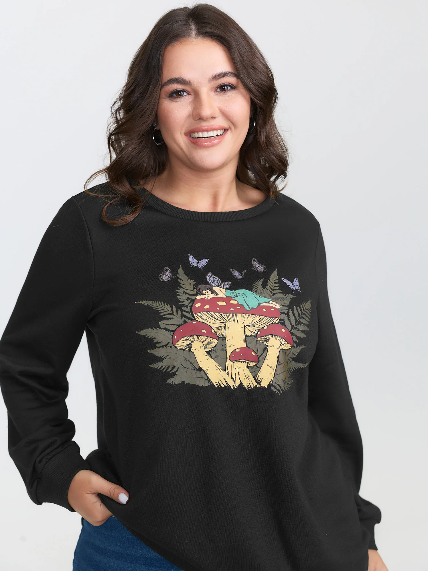 Mushroom Print Stretchy Round Neck Sweatshirt - Image 2