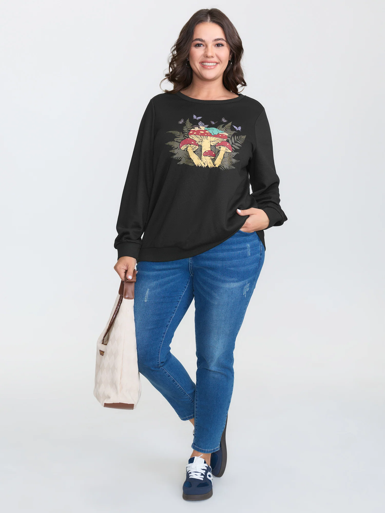 Mushroom Print Stretchy Round Neck Sweatshirt - Image 3