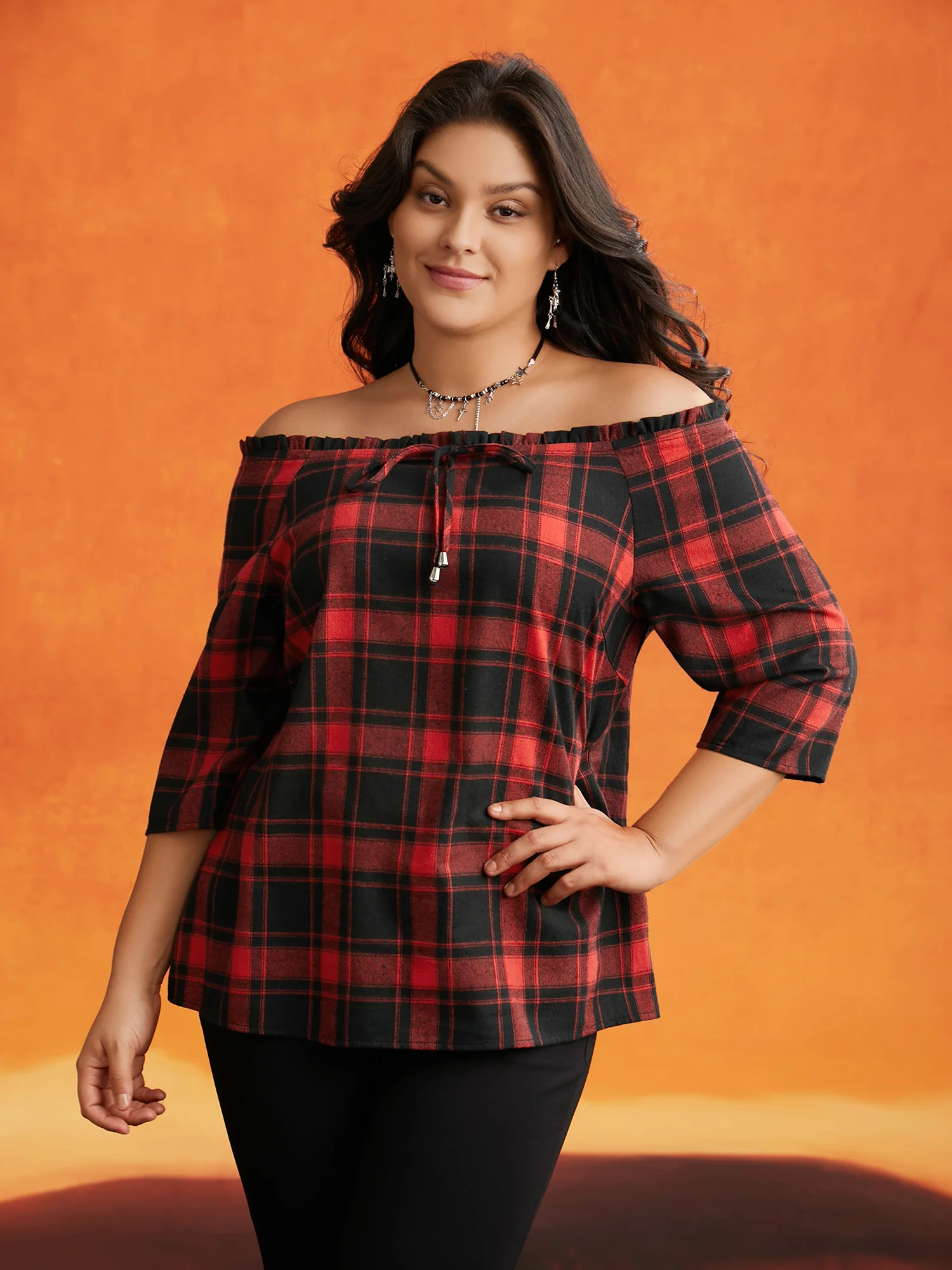 Mystic Off-Shoulder Slimming Tie Plaid Blouse - Image 2