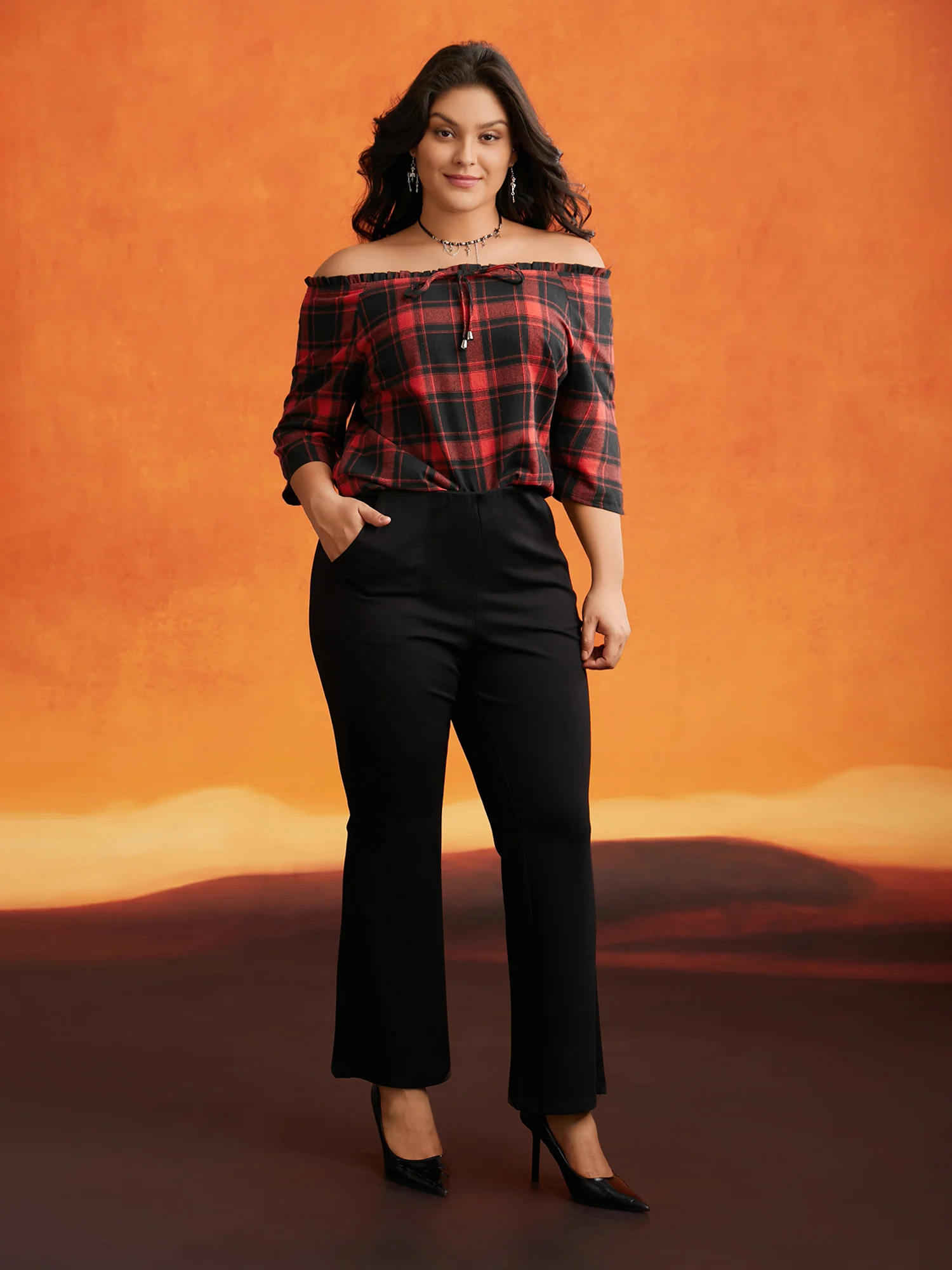 Mystic Off-Shoulder Slimming Tie Plaid Blouse - Image 3