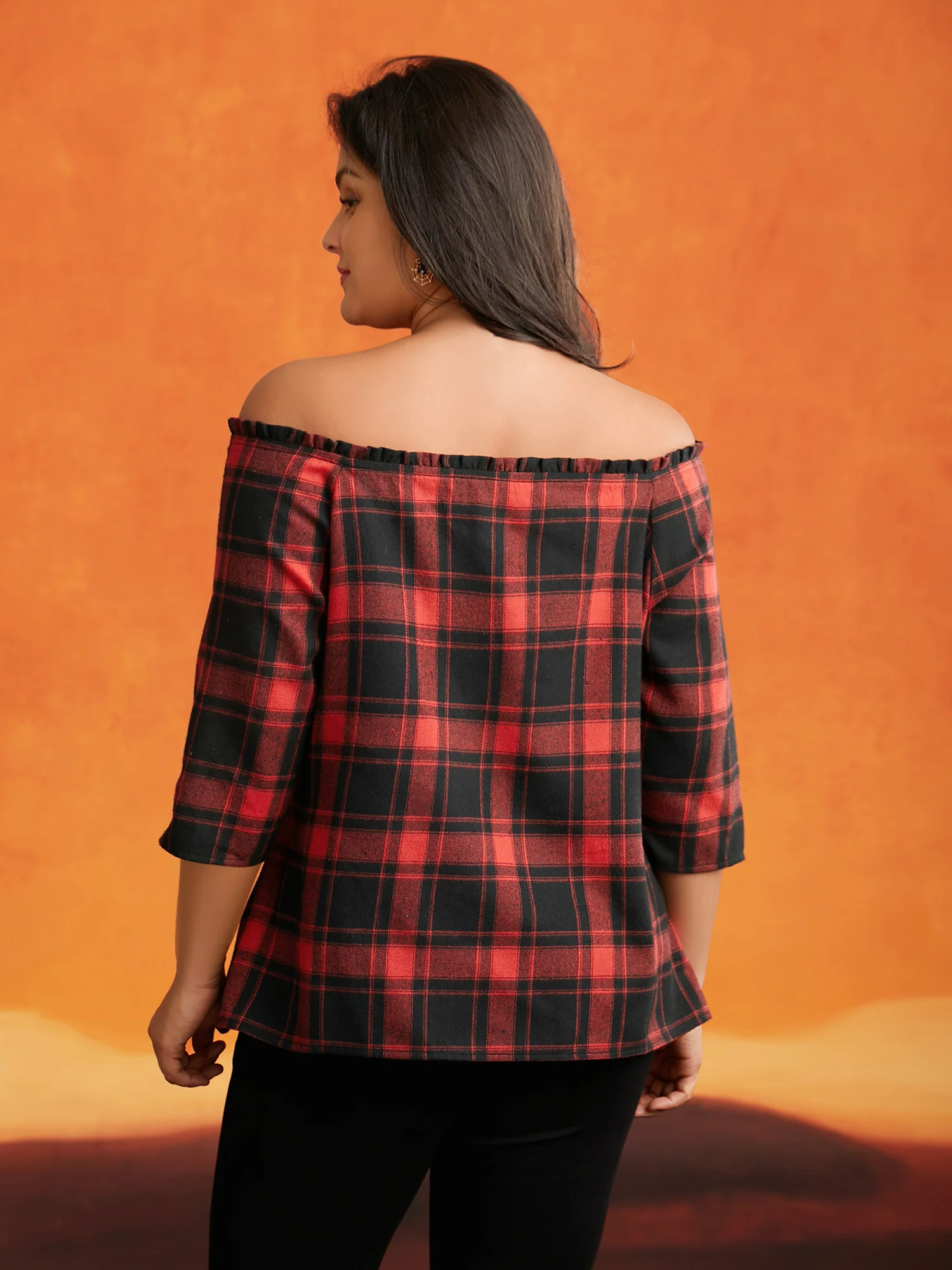 Mystic Off-Shoulder Slimming Tie Plaid Blouse - Image 4
