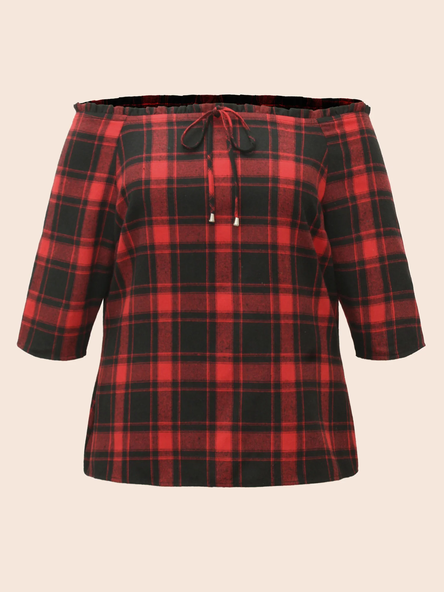 Mystic Off-Shoulder Slimming Tie Plaid Blouse - Image 7