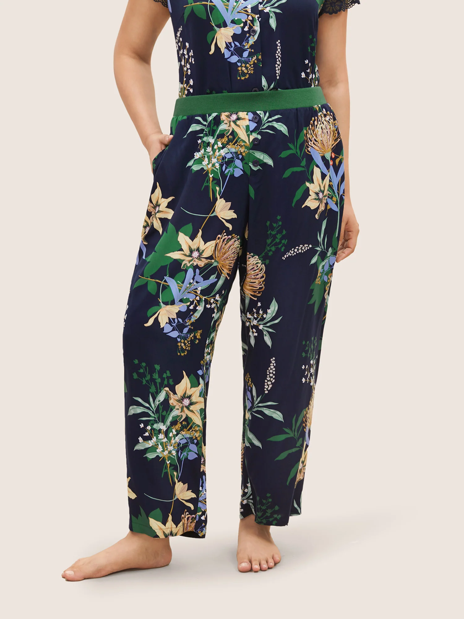 Floral Feeling Pockets Rib Knit Pajama Bottoms - Image 3