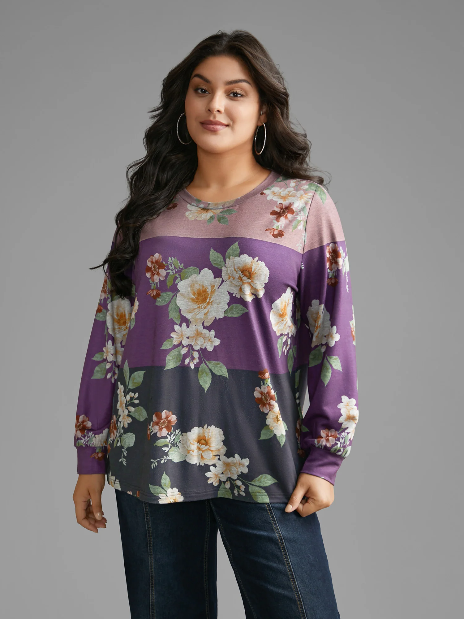 Natural Flowers Contrast Round Neck Sweatshirt - Image 3