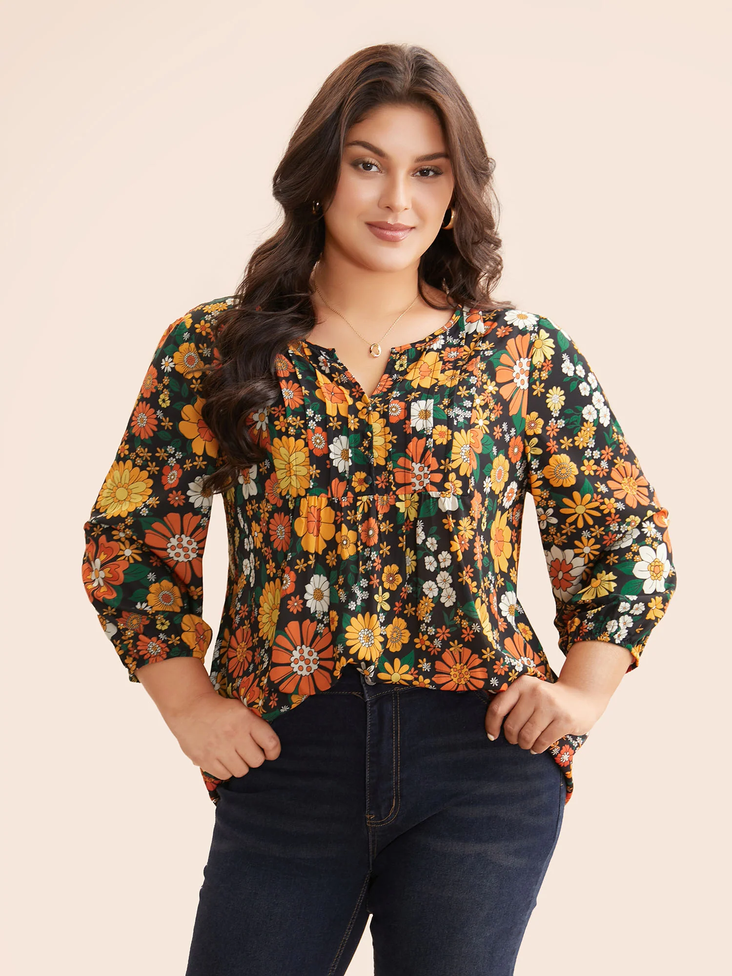 Natural Flowers Lantern Sleeve Pleated Blouse - Image 3