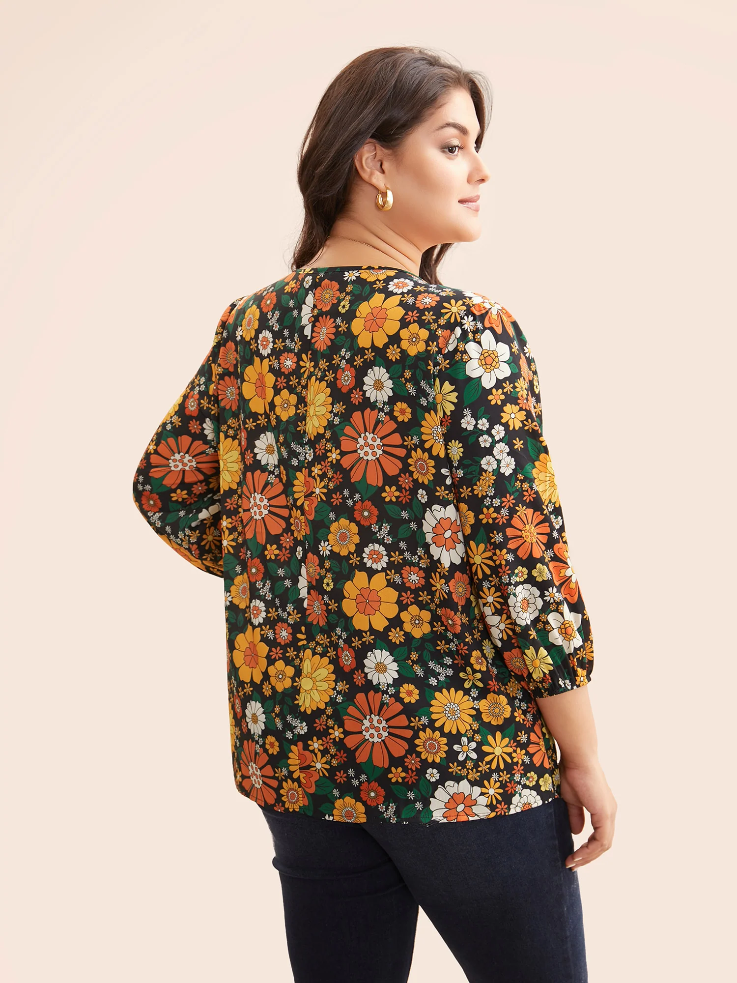 Natural Flowers Lantern Sleeve Pleated Blouse - Image 4