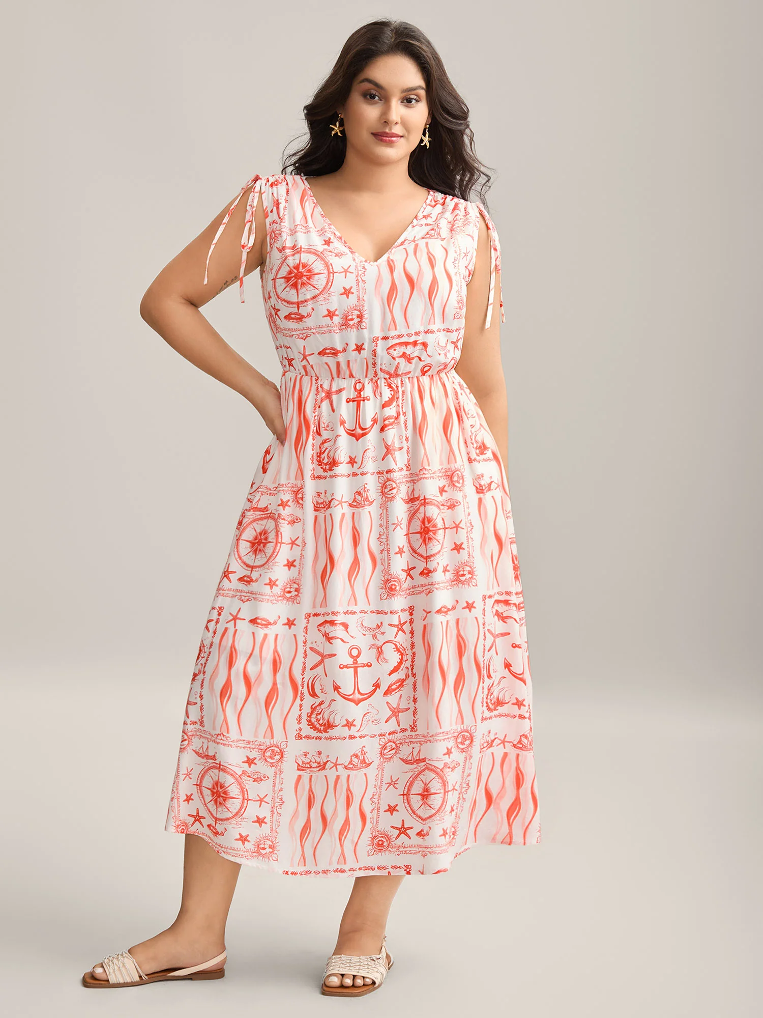Nautical Print Sleeveless Ties Pockets Maxi Dress - Image 3