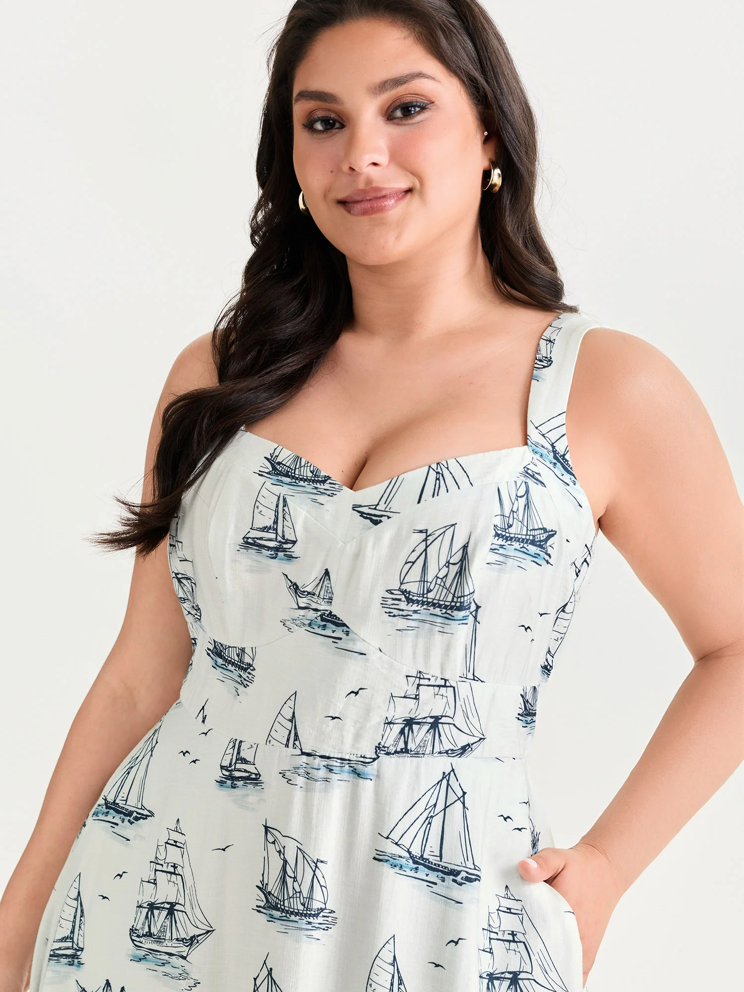 Nautical Sailboat Print Sweetheart Neck Midi Dress - Image 2
