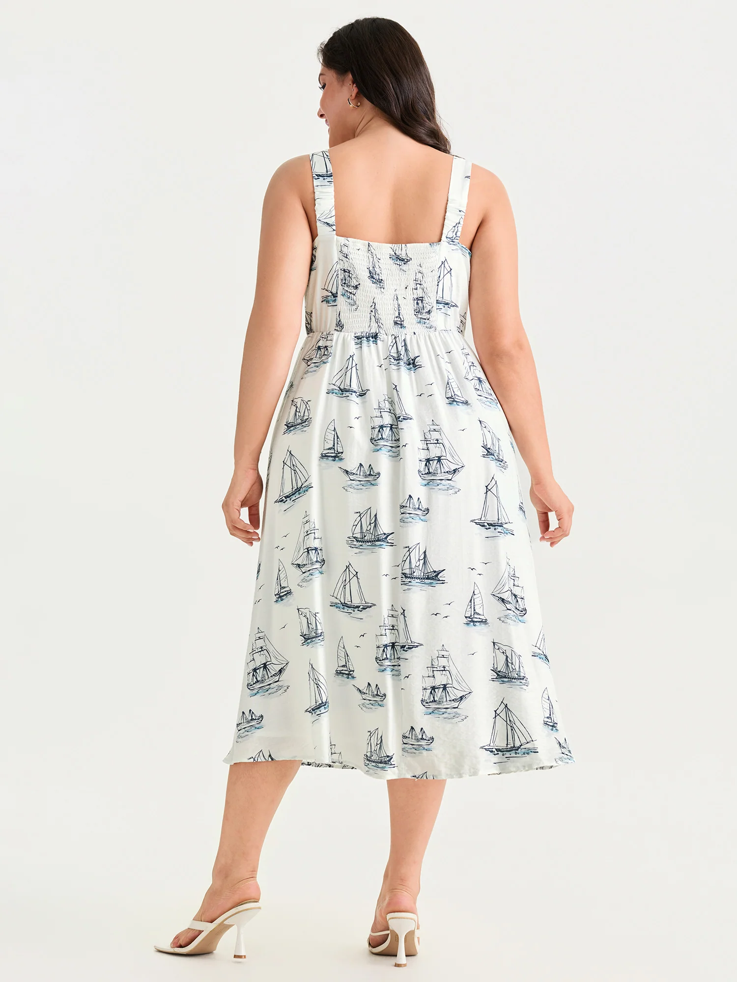 Nautical Sailboat Print Sweetheart Neck Midi Dress - Image 3