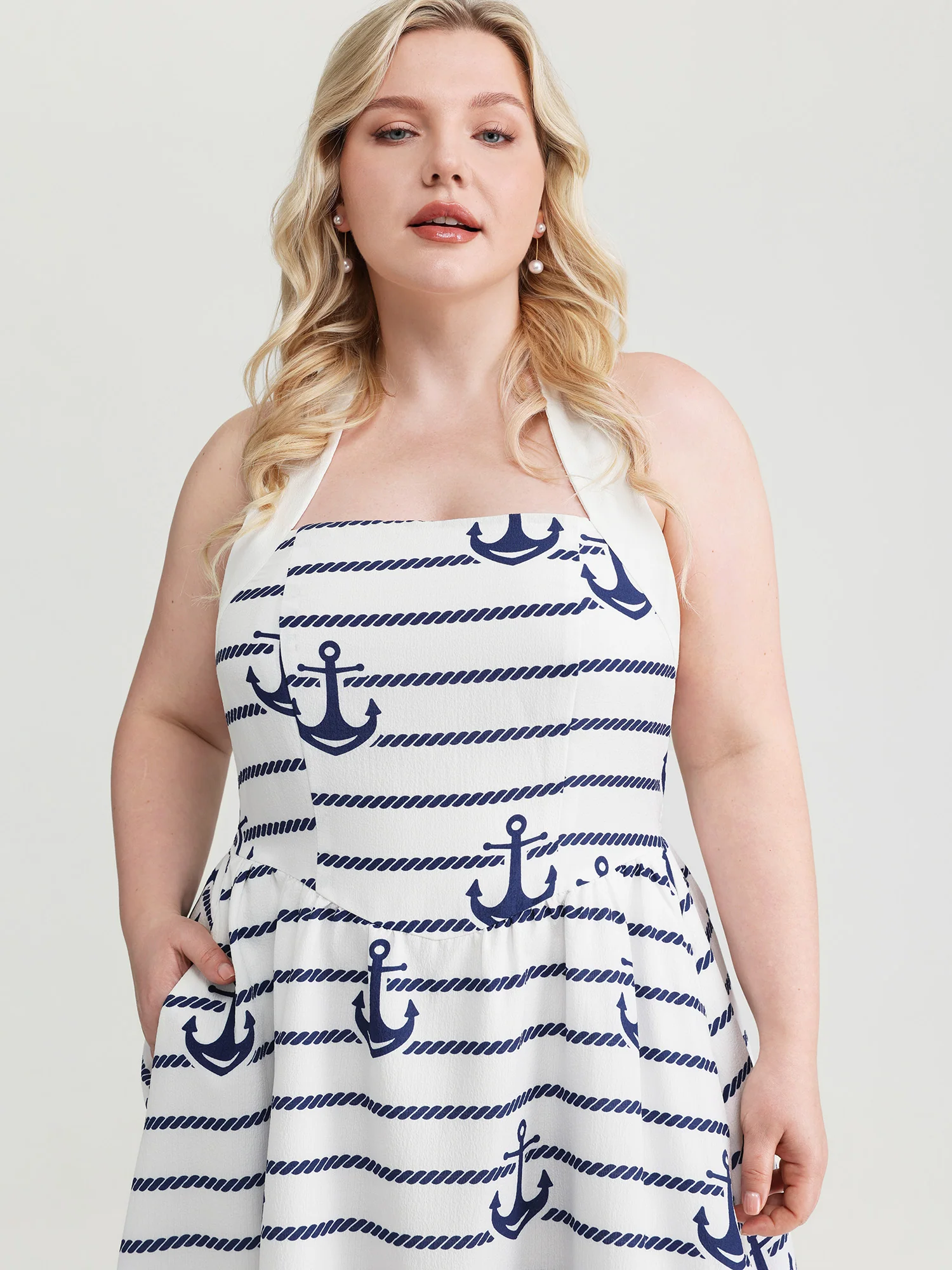 Nautical Stripe Halter Tie Neckline Midi Dress - Image 2