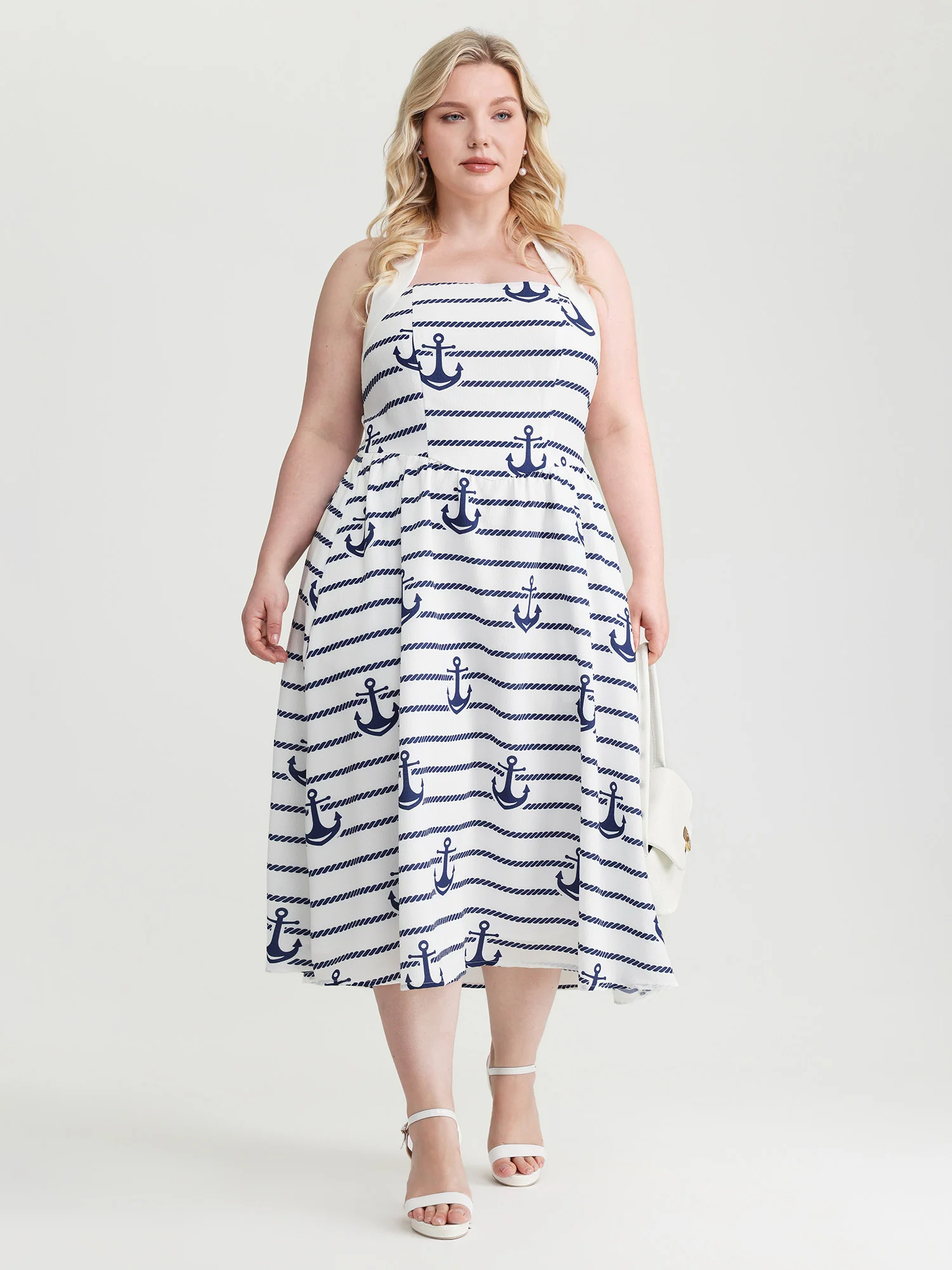 Nautical Stripe Halter Tie Neckline Midi Dress - Image 3
