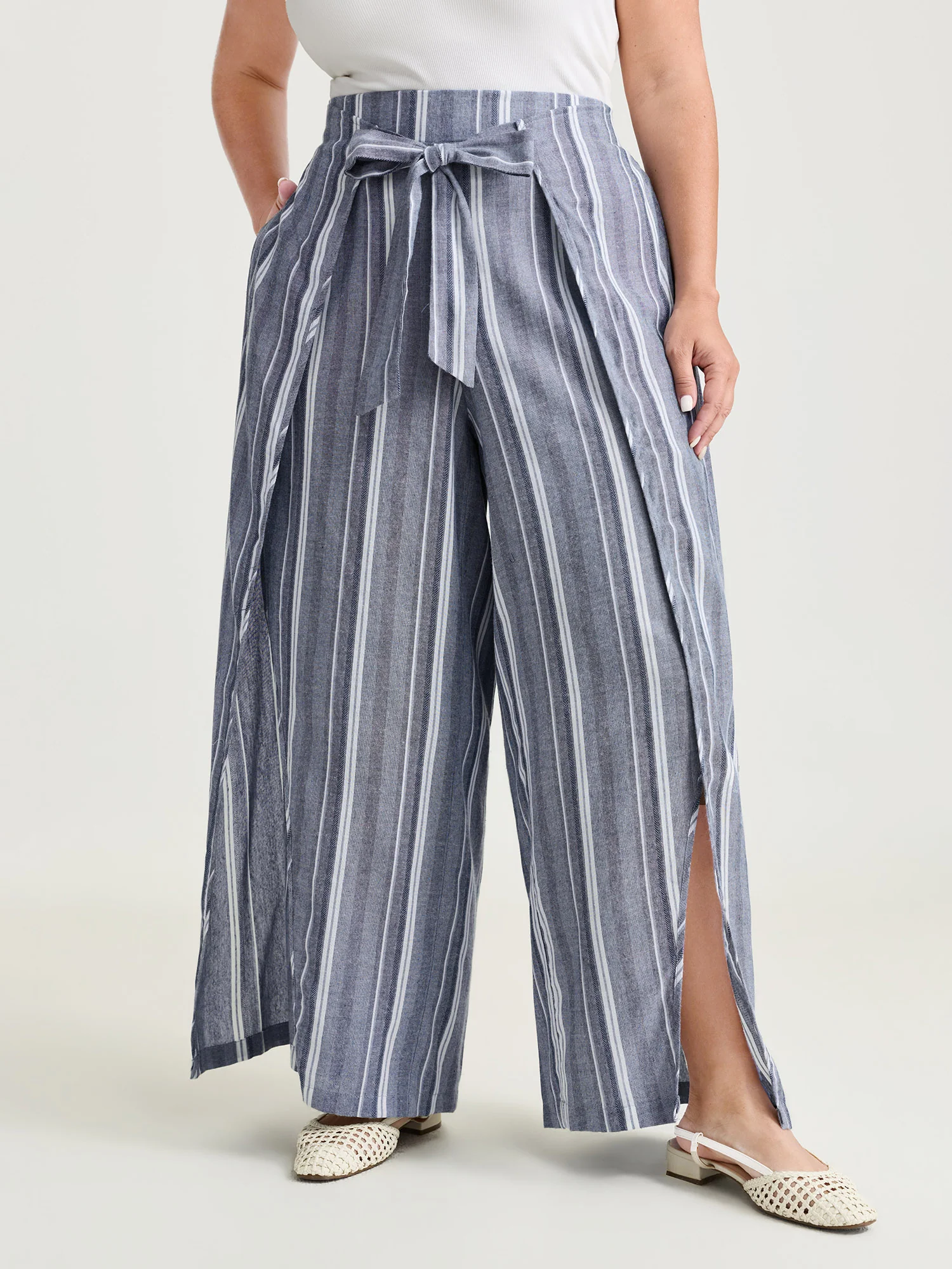 Cotton Nautical Stripe Slit Waist-Tie Pants - Image 2
