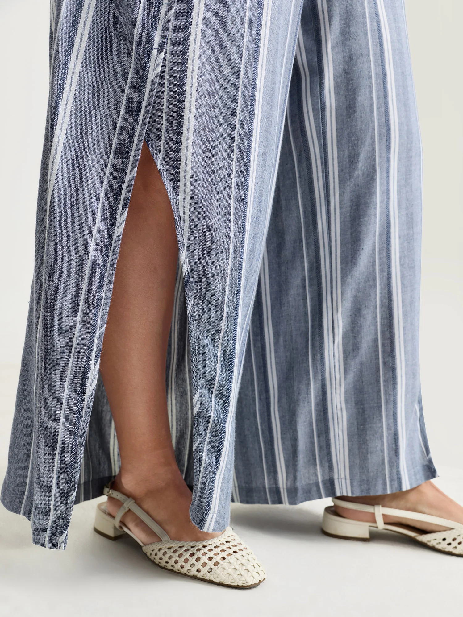 Cotton Nautical Stripe Slit Waist-Tie Pants - Image 4