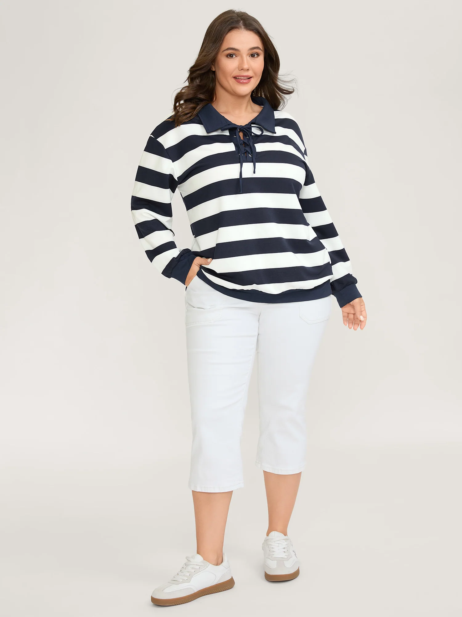 Nautical Stripes Neck Tie-Up Sweatshirt - Image 3