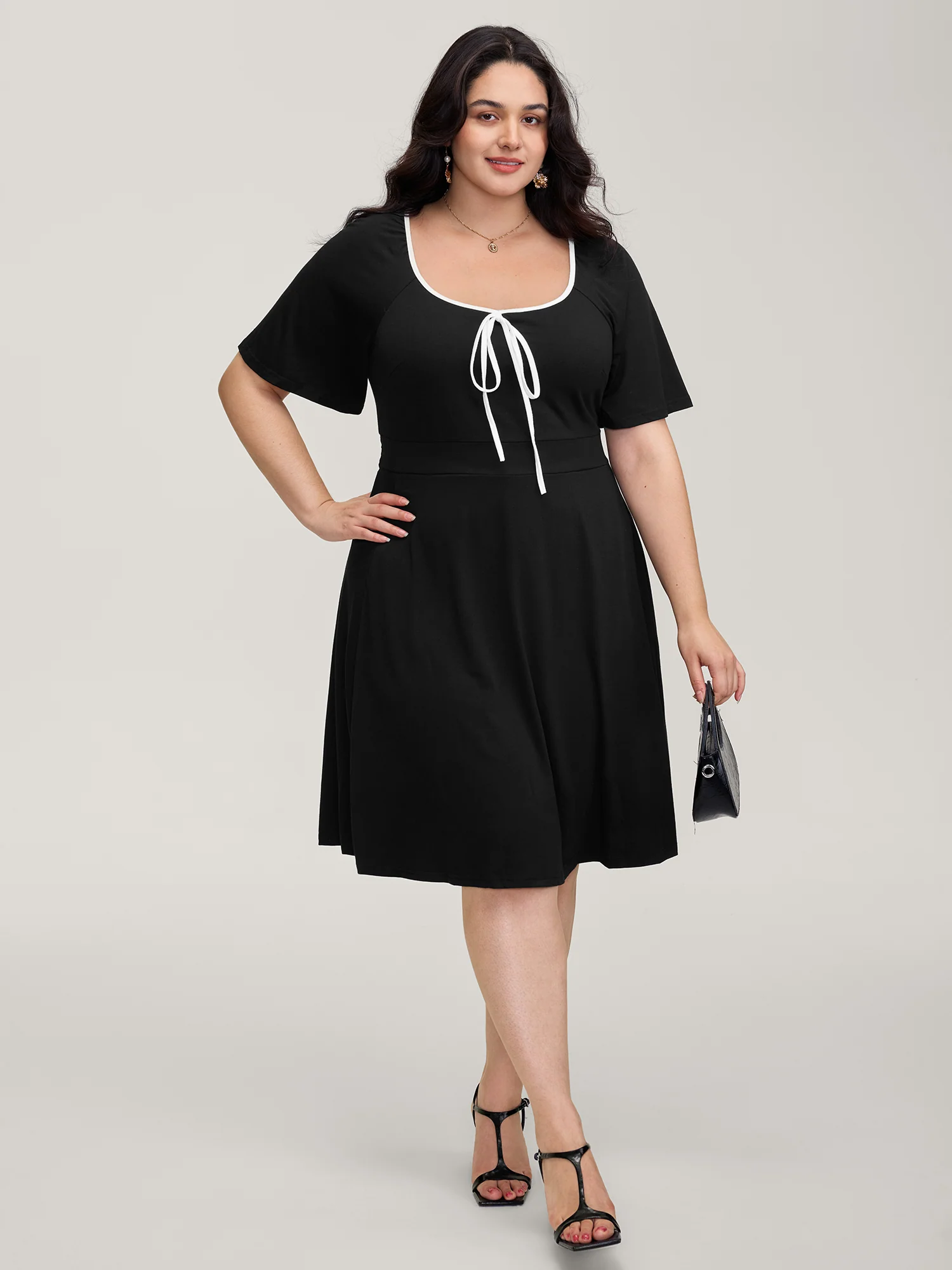 Neck Bow-Tie Contrast Pockets Midi Dress - Image 3