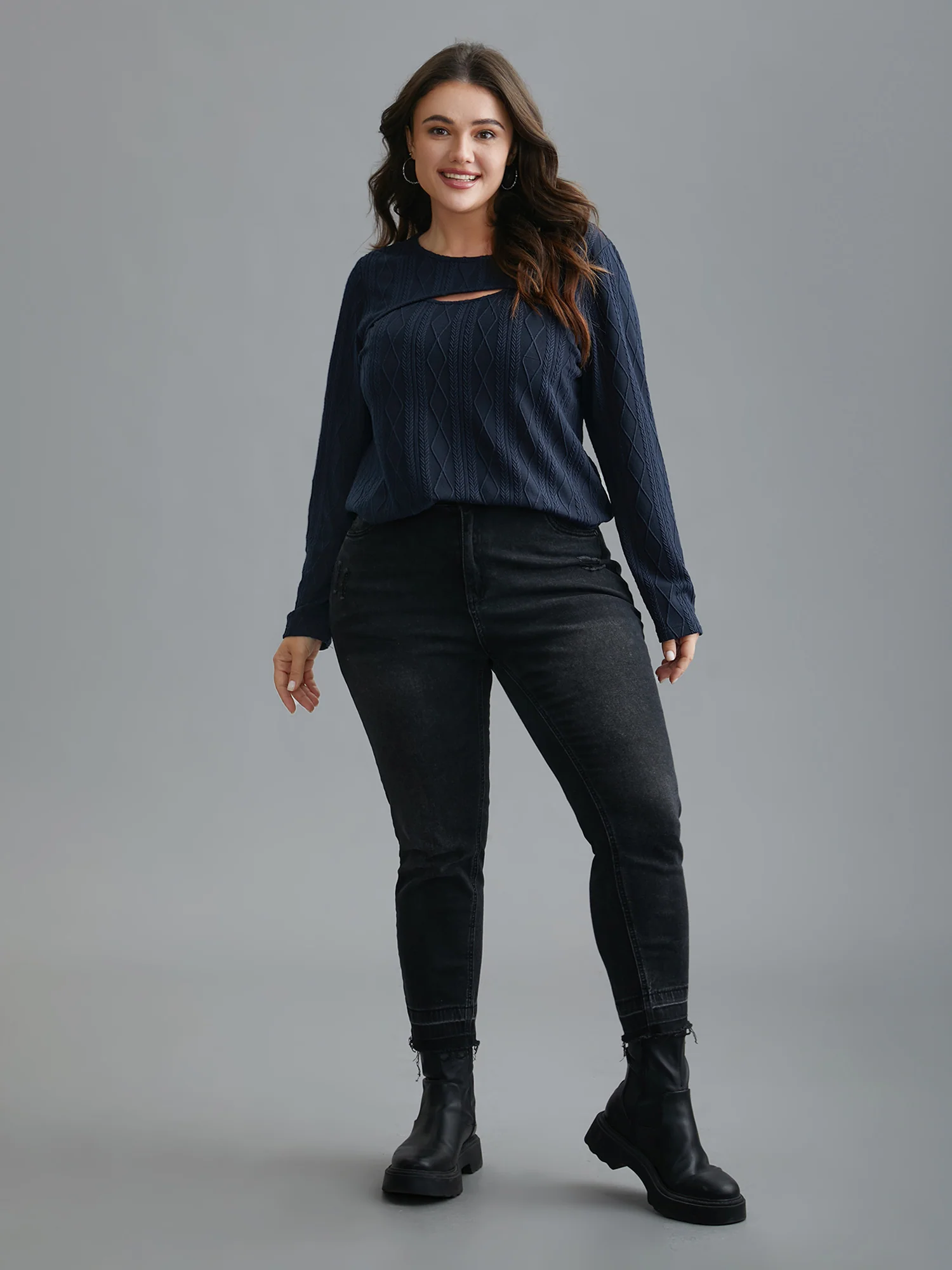 Neck Cut-Out Slim-Fit Textured Knit Top - Image 2