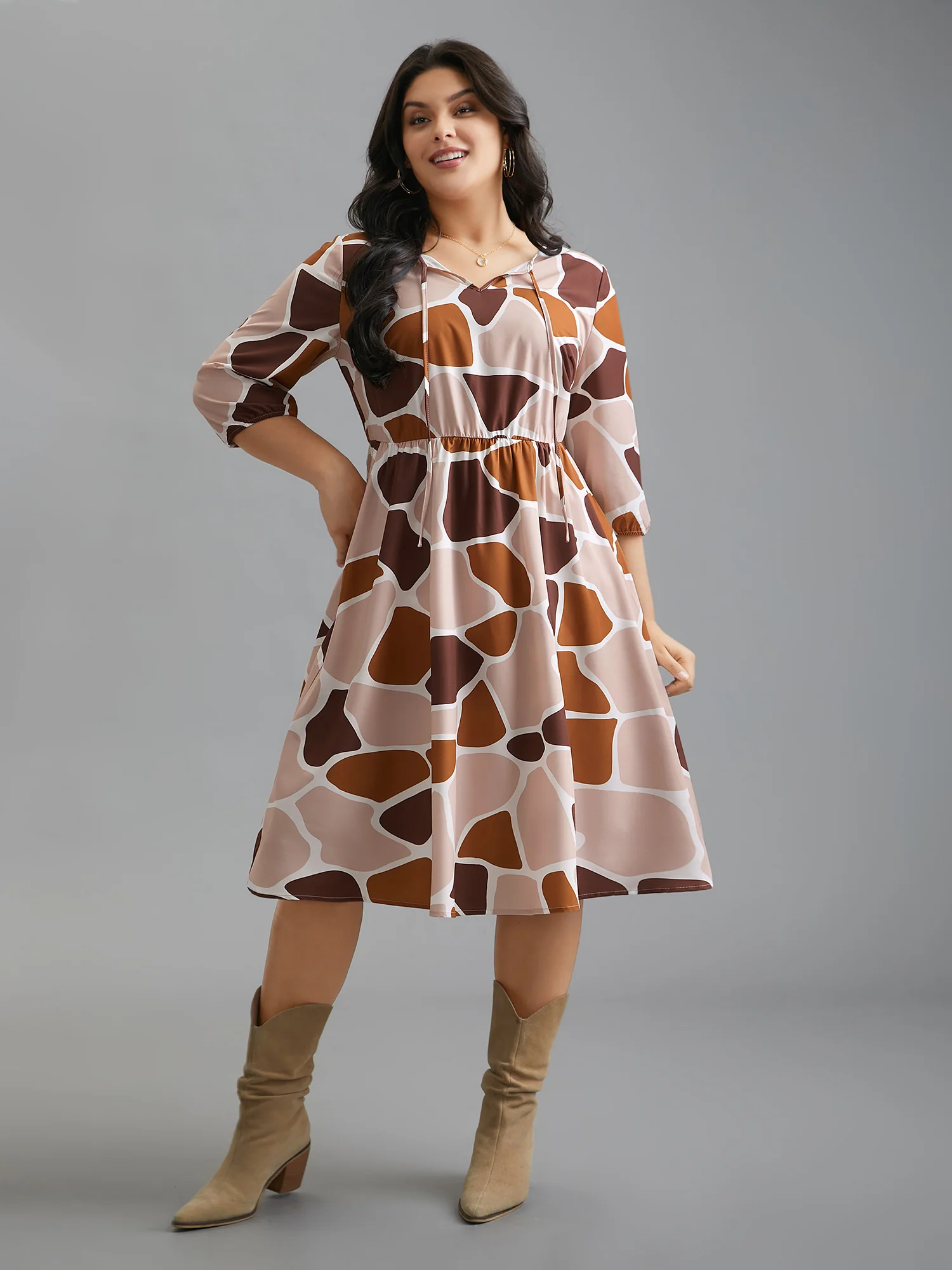 Neck-Tie Color Block Waist Cinched  Dress - Image 2