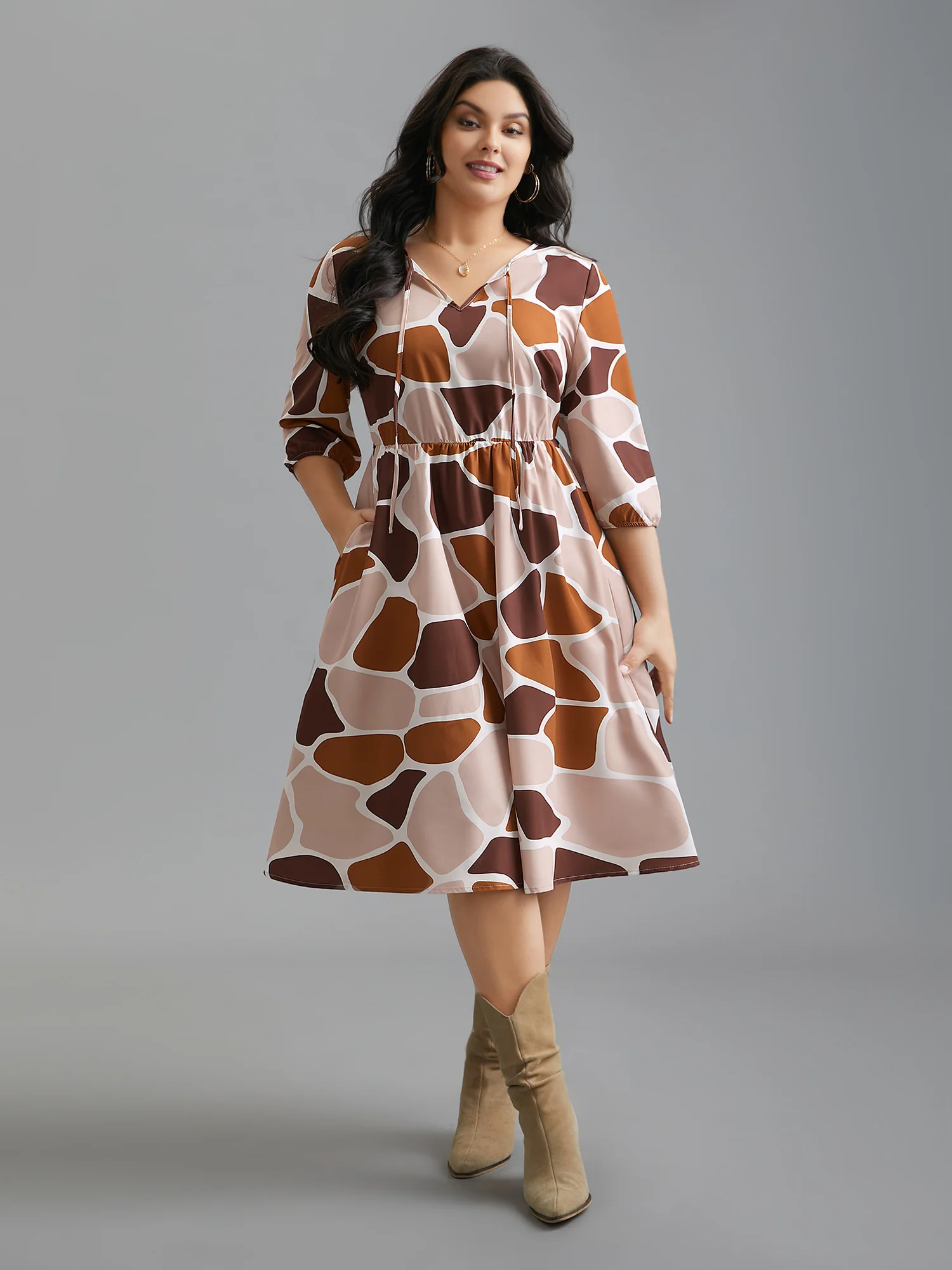 Neck-Tie Color Block Waist Cinched  Dress - Image 3
