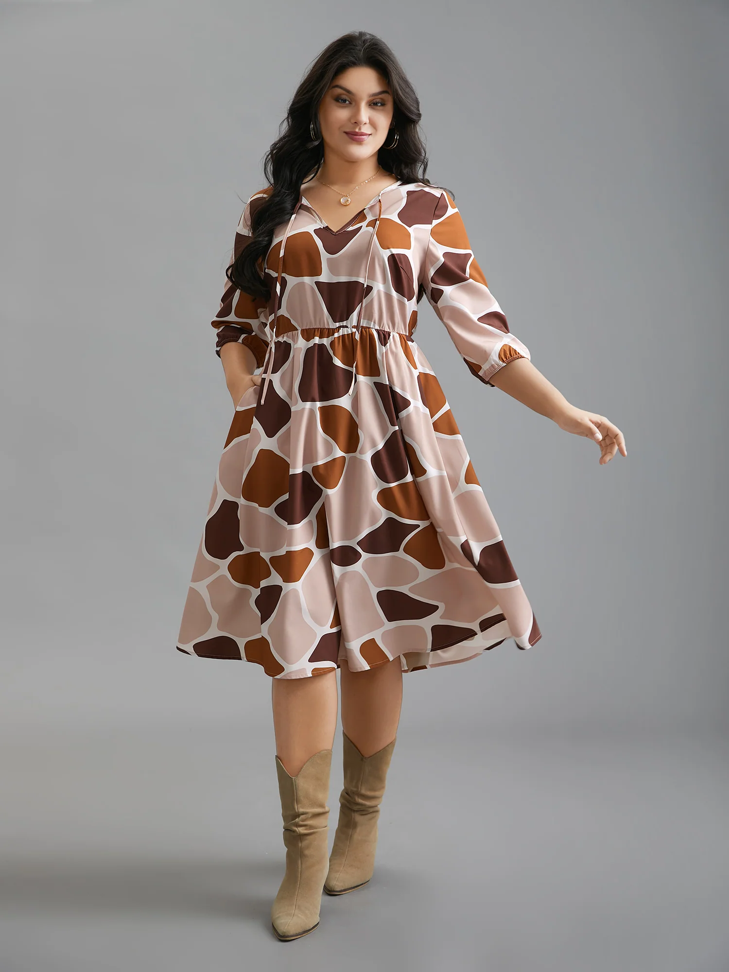 Neck-Tie Color Block Waist Cinched  Dress - Image 4