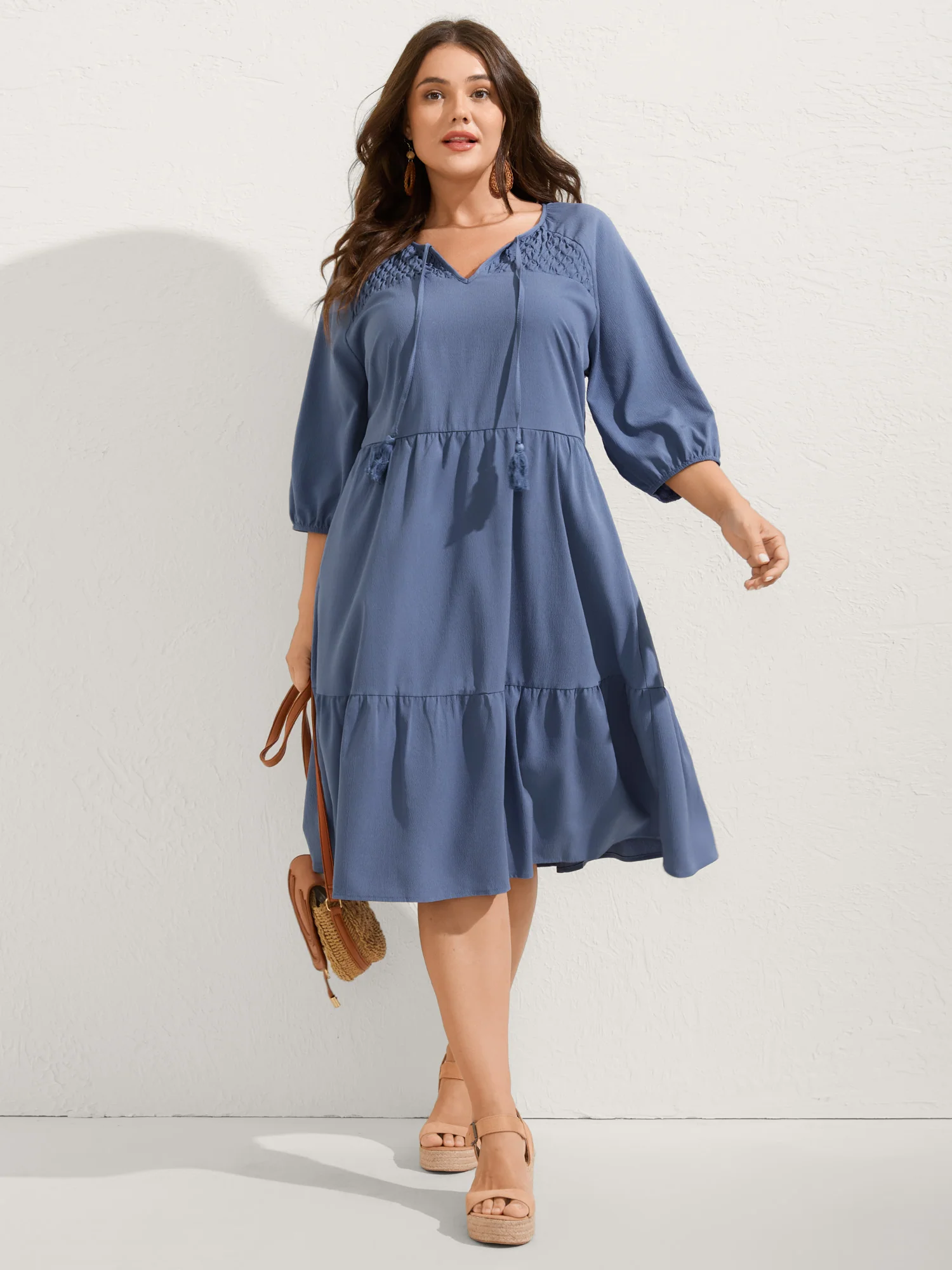 Neck-Tie Tassel Pockets Tiered Midi Dress - Image 3
