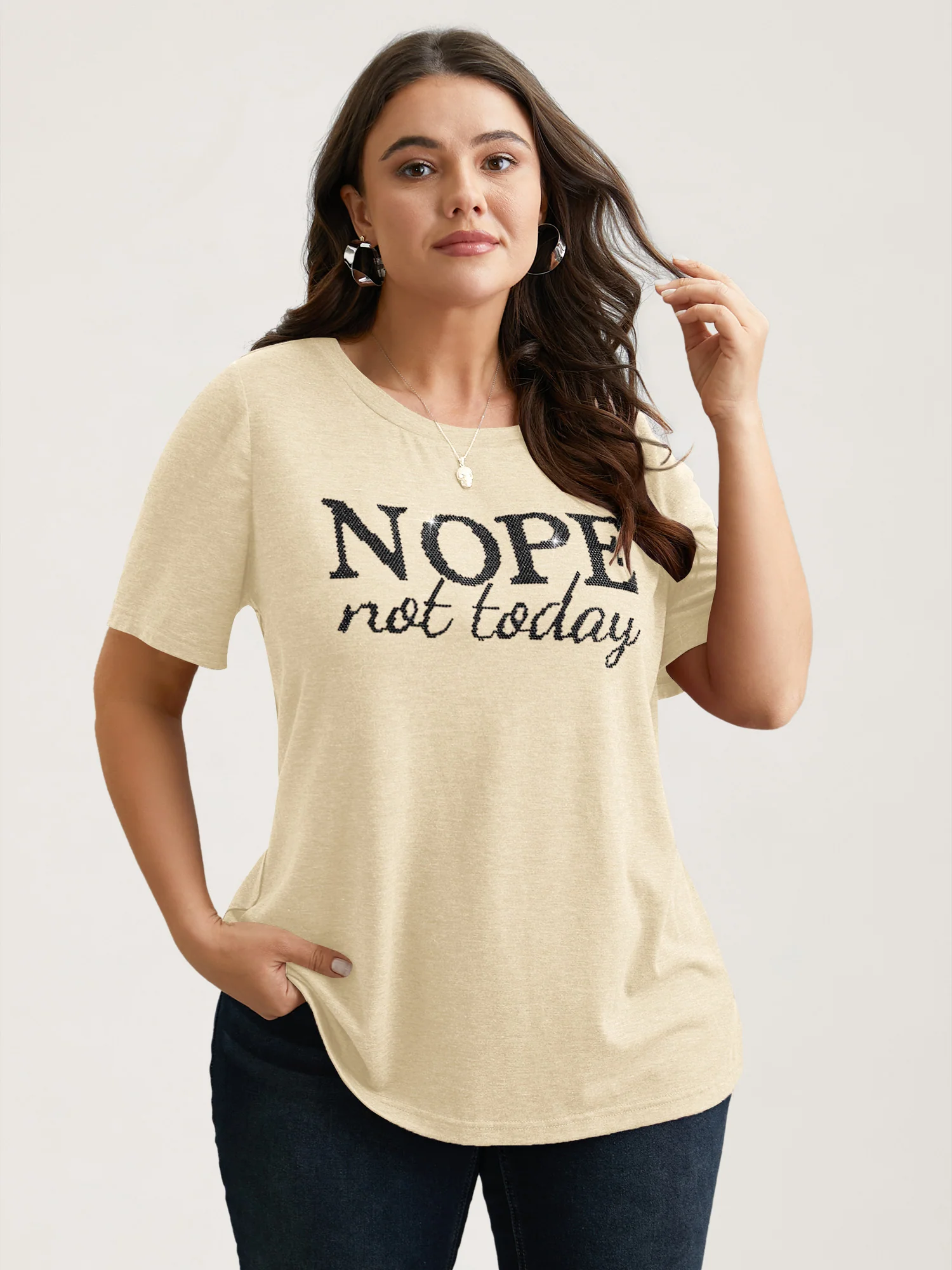 Nope Not Today Print Rhinestone Round Neck T-Shirt - Image 2