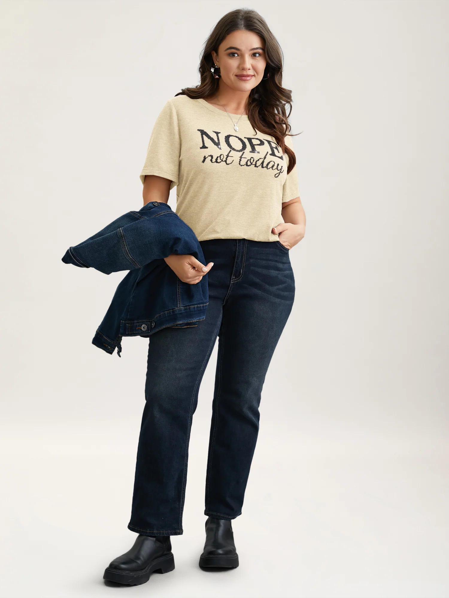 Nope Not Today Print Rhinestone Round Neck T-Shirt - Image 3
