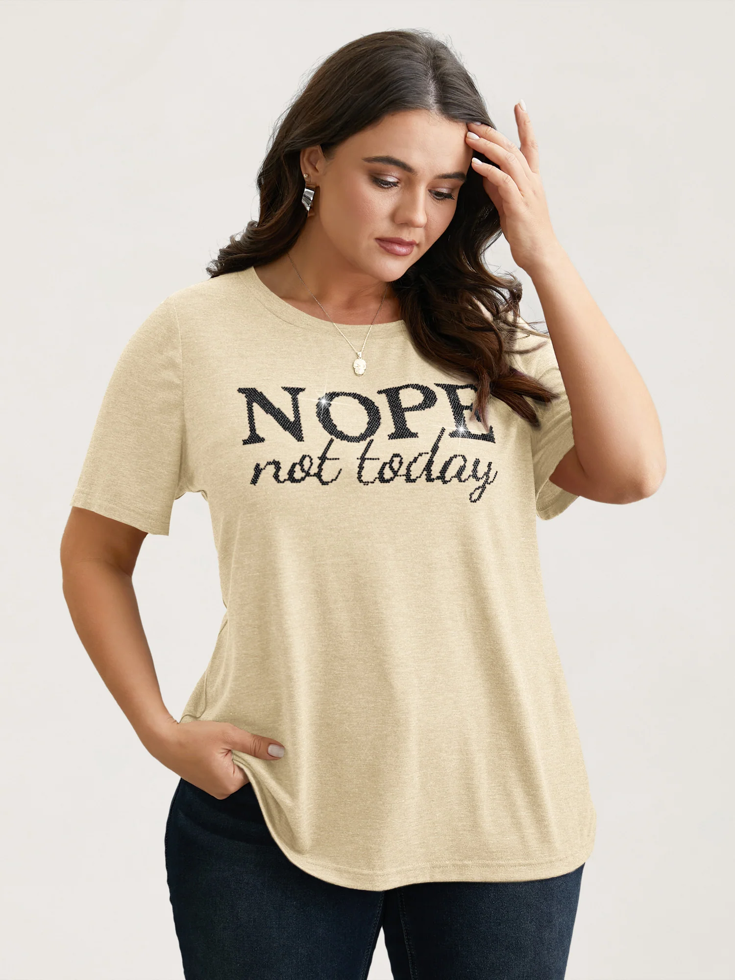 Nope Not Today Print Rhinestone Round Neck T-Shirt - Image 4