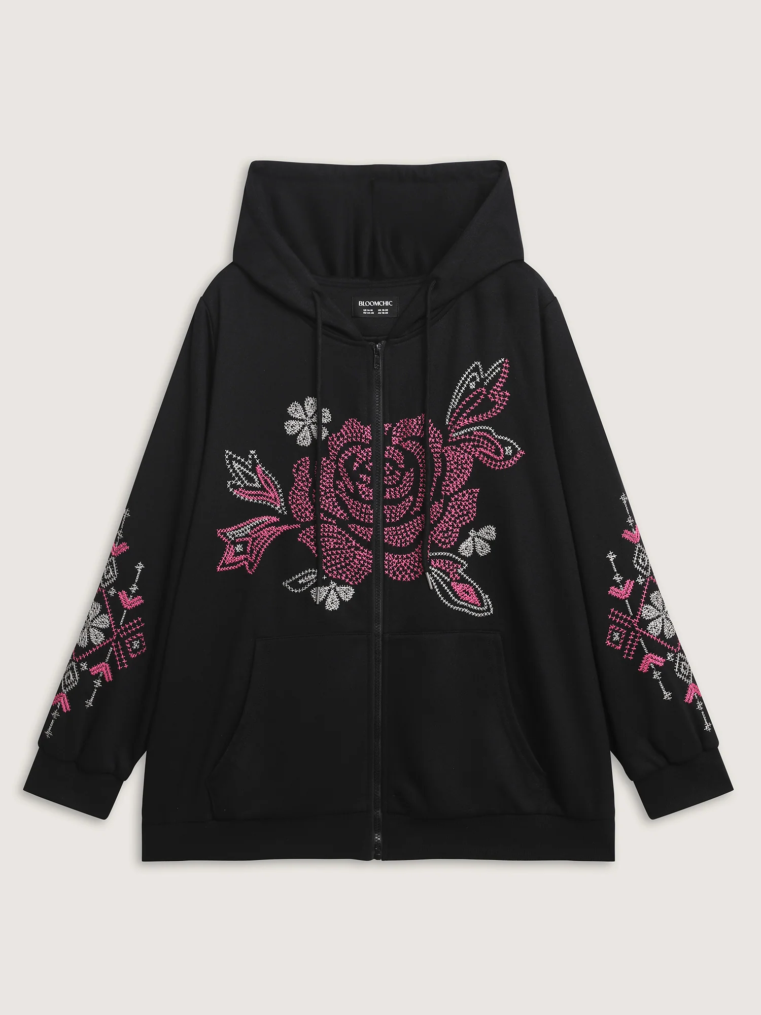 Nostalgic Rose Embroidery Drawstring Hoodie - Image 8