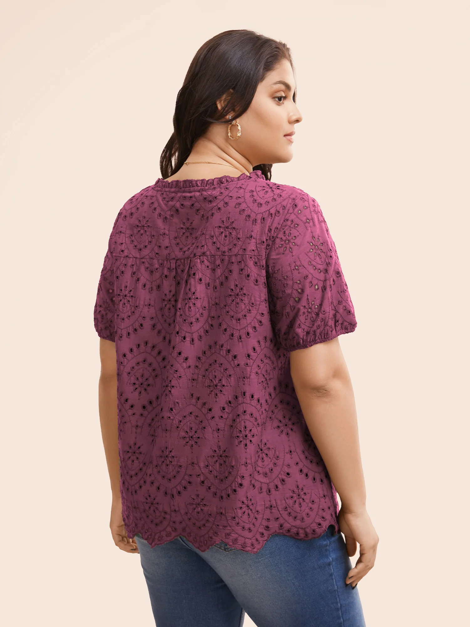 Notched Broderie Anglaise Frill Trim Blouse - Image 11