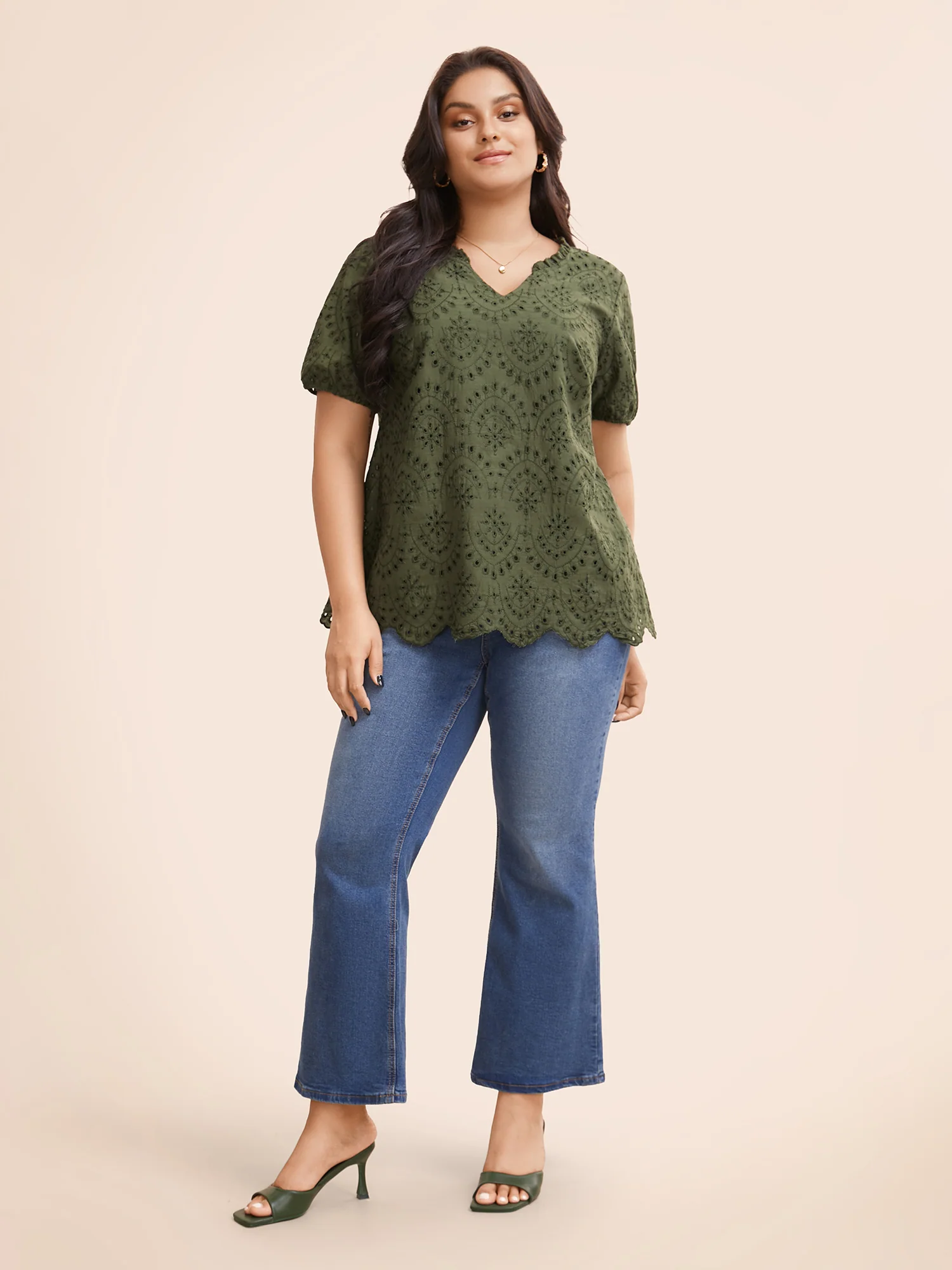 Notched Broderie Anglaise Frill Trim Blouse - Image 2